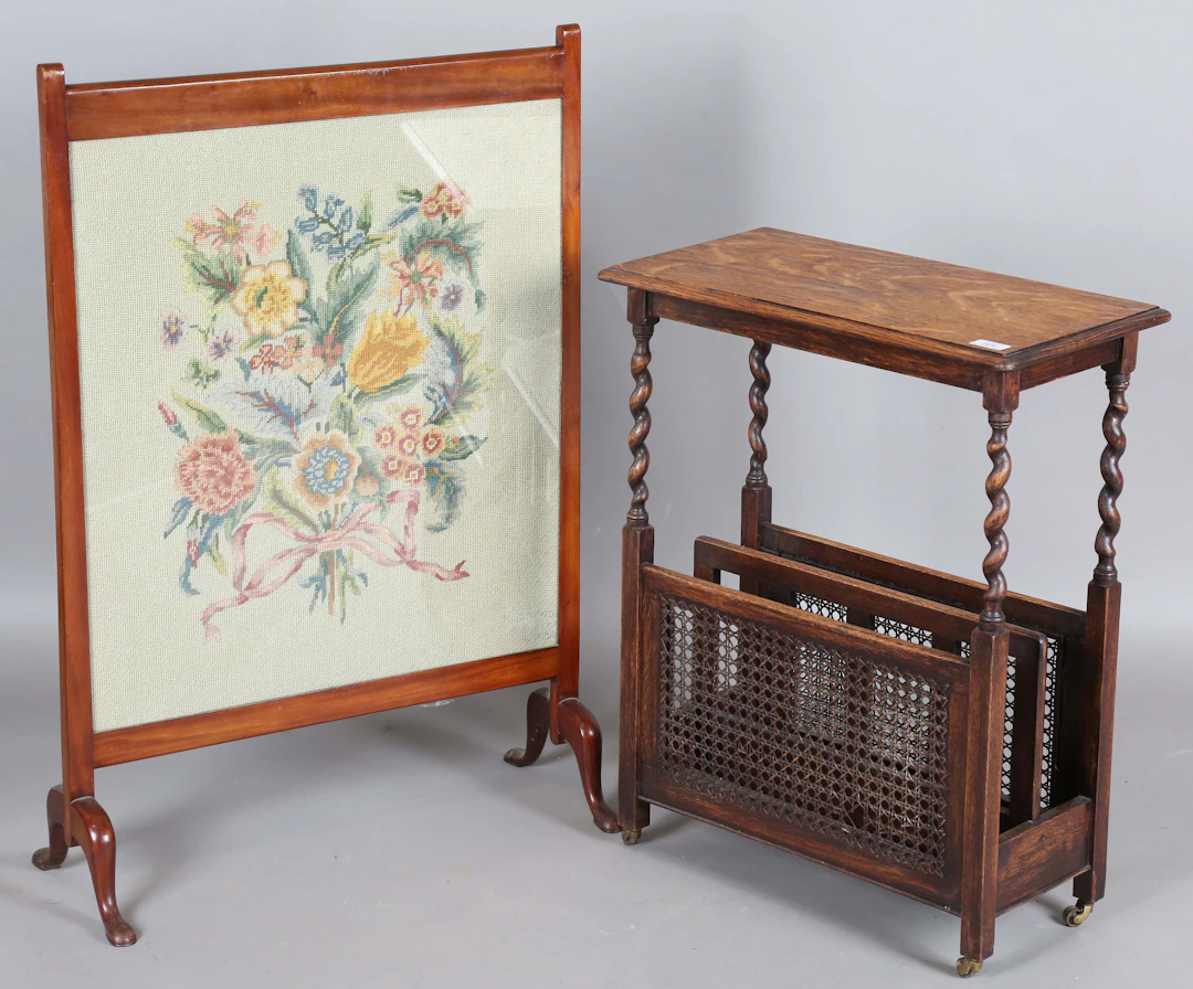 A George V oak magazine rack with rectangular top and caned sides