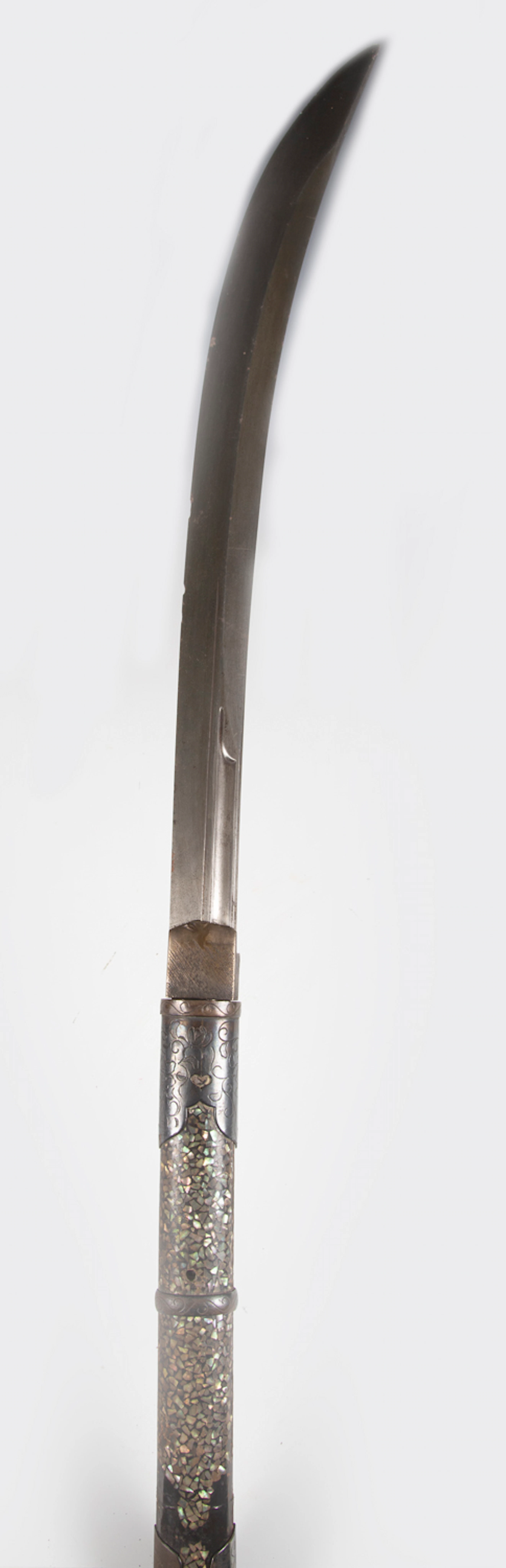 A Japanese naginata with curved single-edged deep part-fullered blade