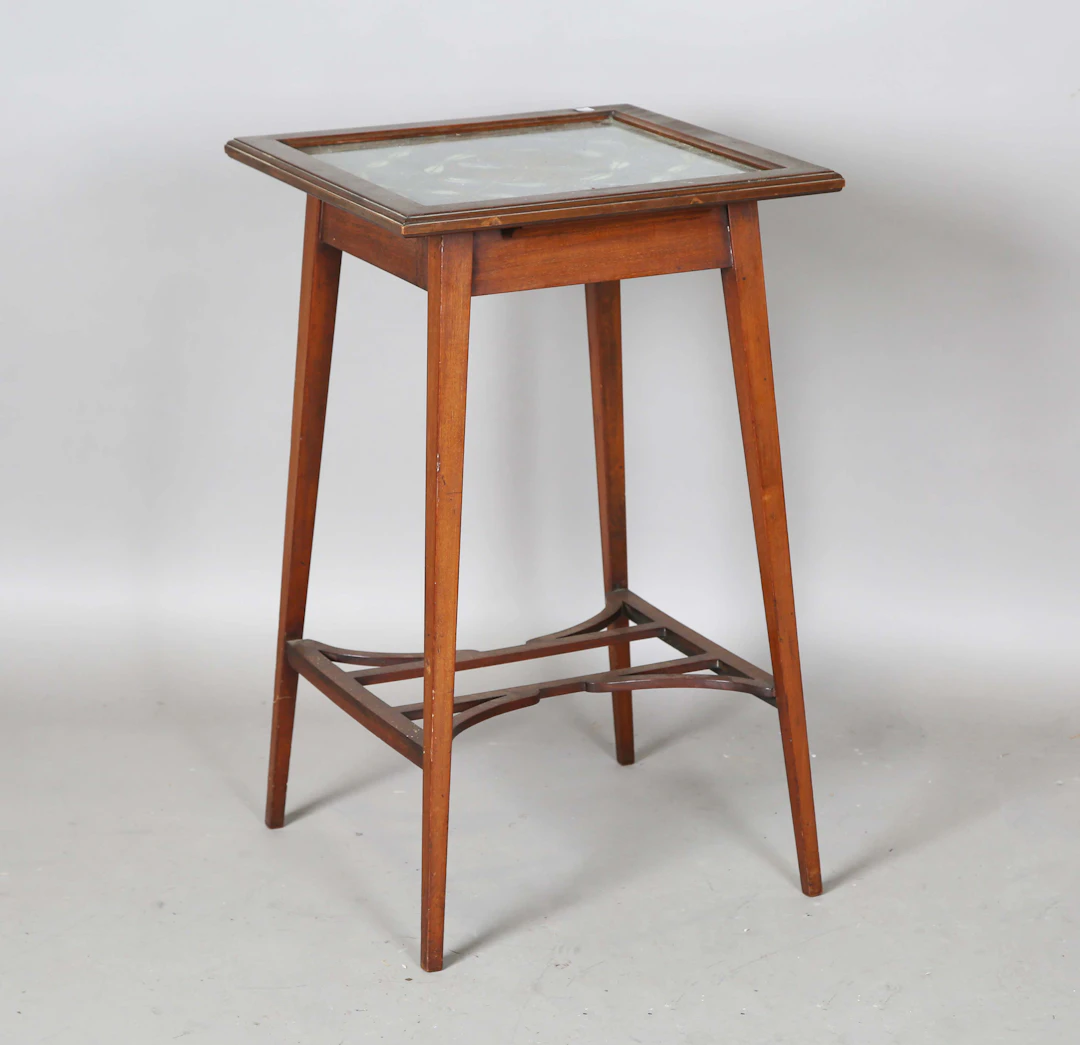 An Edwardian Art Nouveau beadwork square occasional table, the top