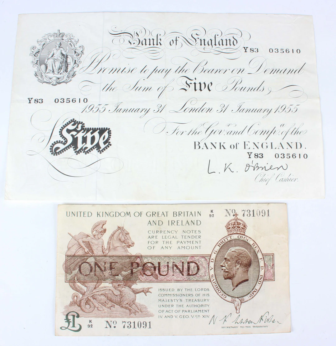A Bank of England white five pounds banknote, London 31st January