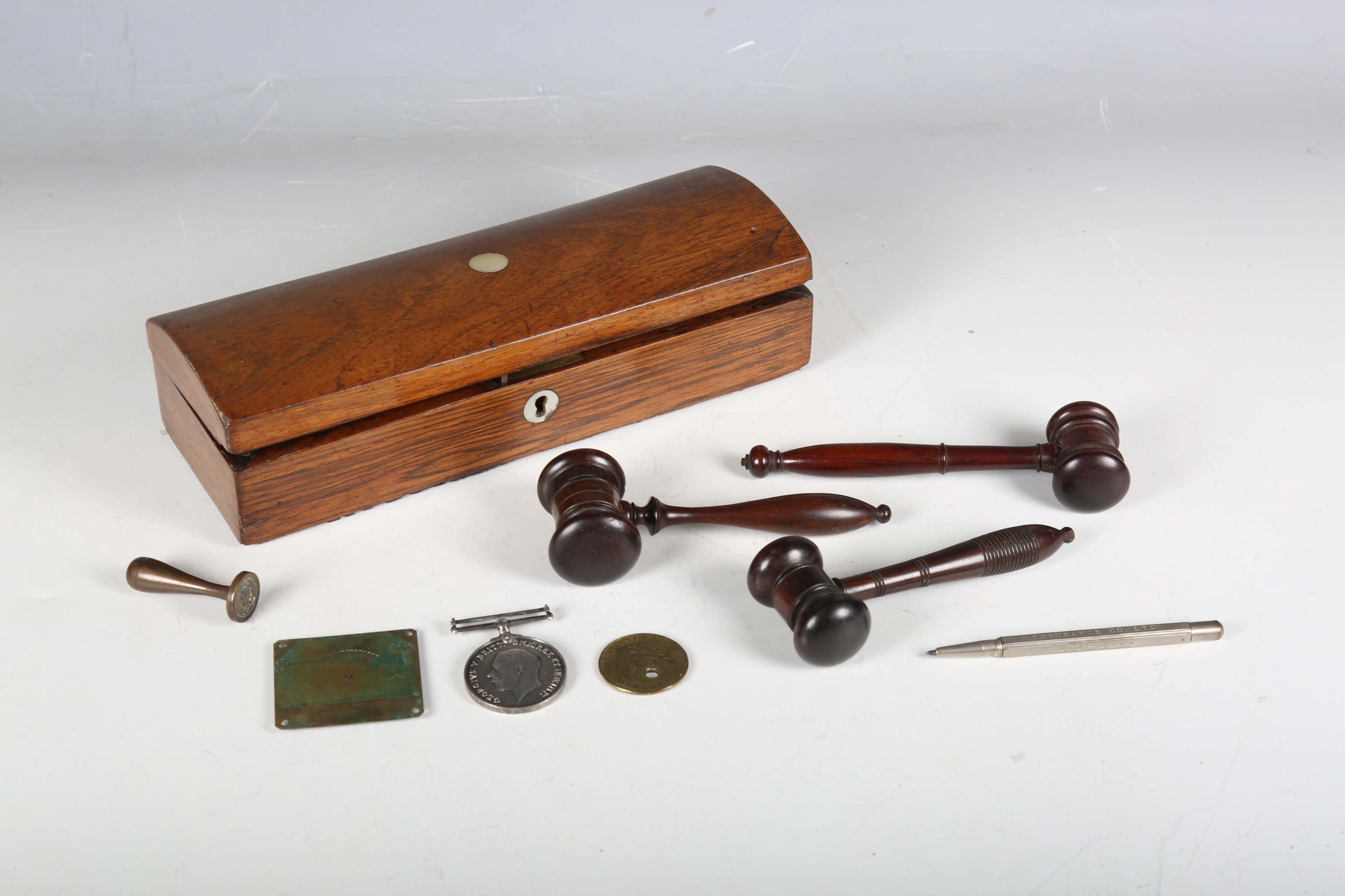 A group of three 19th century rosewood gavels and a small group of