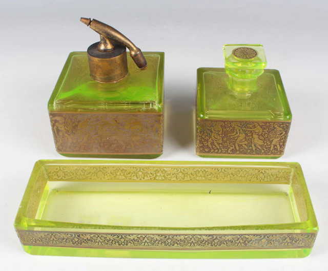 A Moser Radion light green uranium glass dressing table set, 1920s