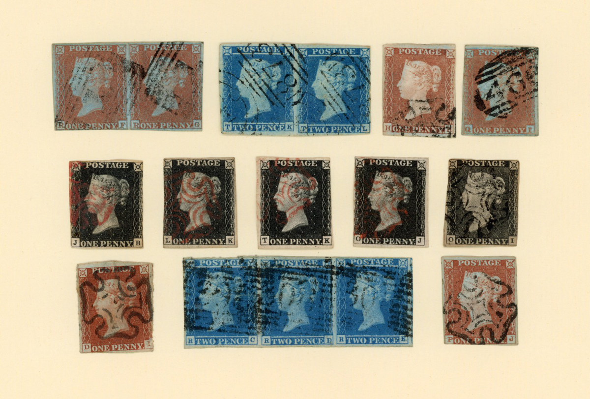 Great Britain stamps on cards with 1840 1d blacks (6), 1841 1d and