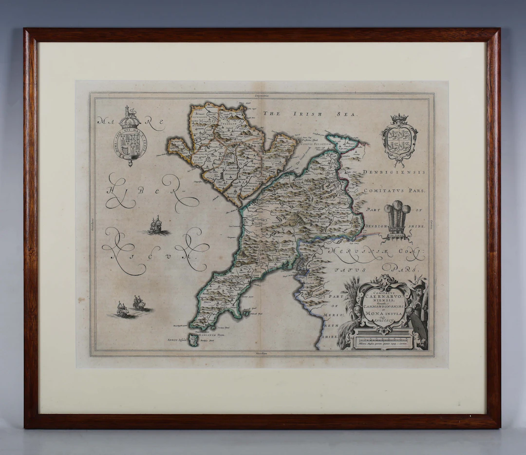 Willem Blaeu - Caernarvonshire and Anglesey, engraved map with hand-colouring