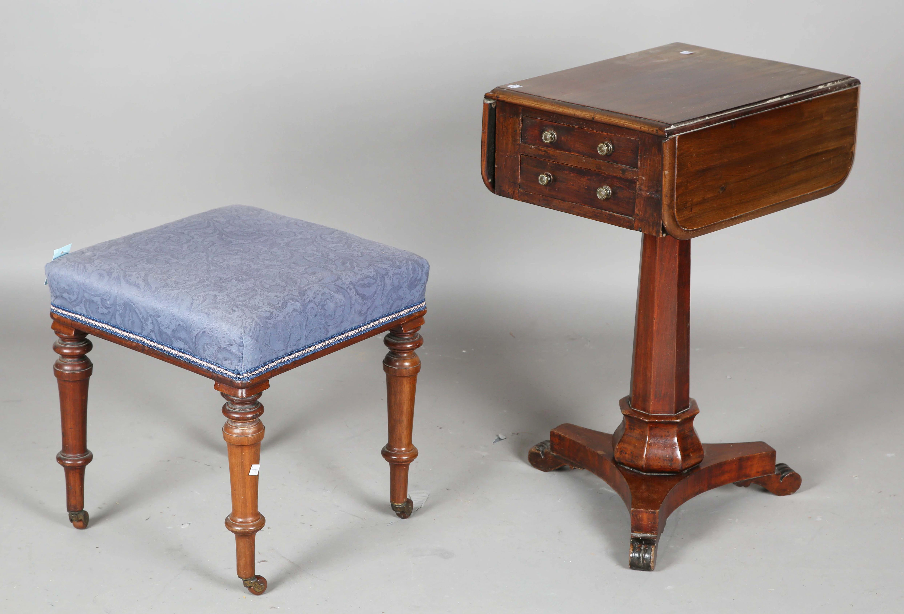A Victorian walnut stool, on turned legs and castors, height 46cm