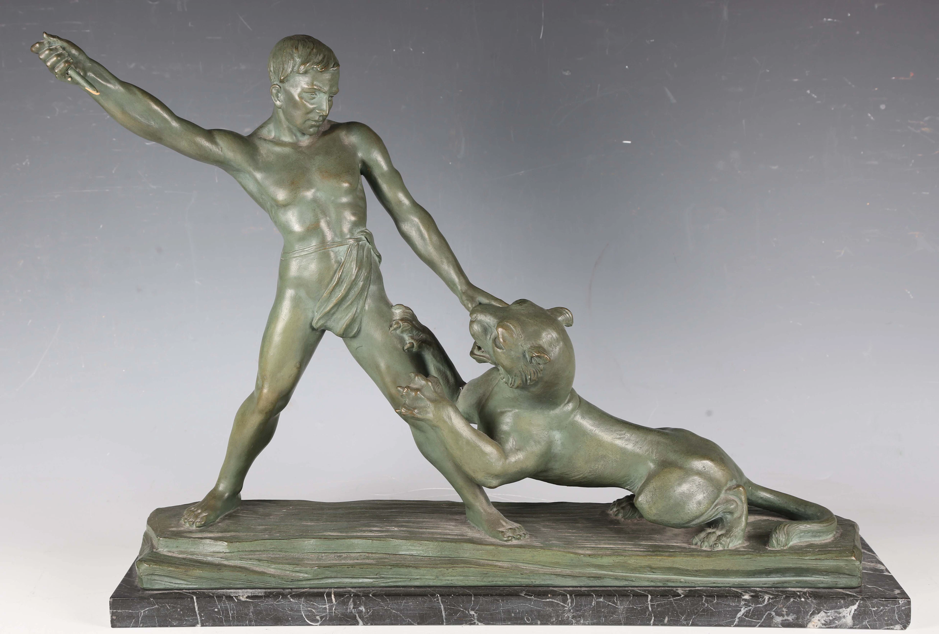 Auguste Henri Carli - an Art Deco green patinated plaster figure of