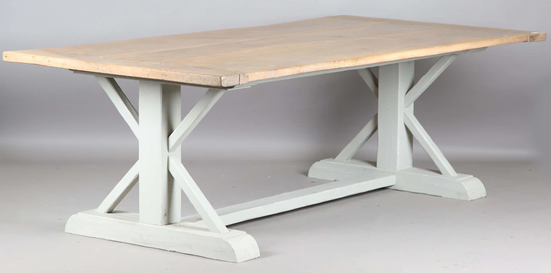 A large 19th century and later French walnut and grey painted dining