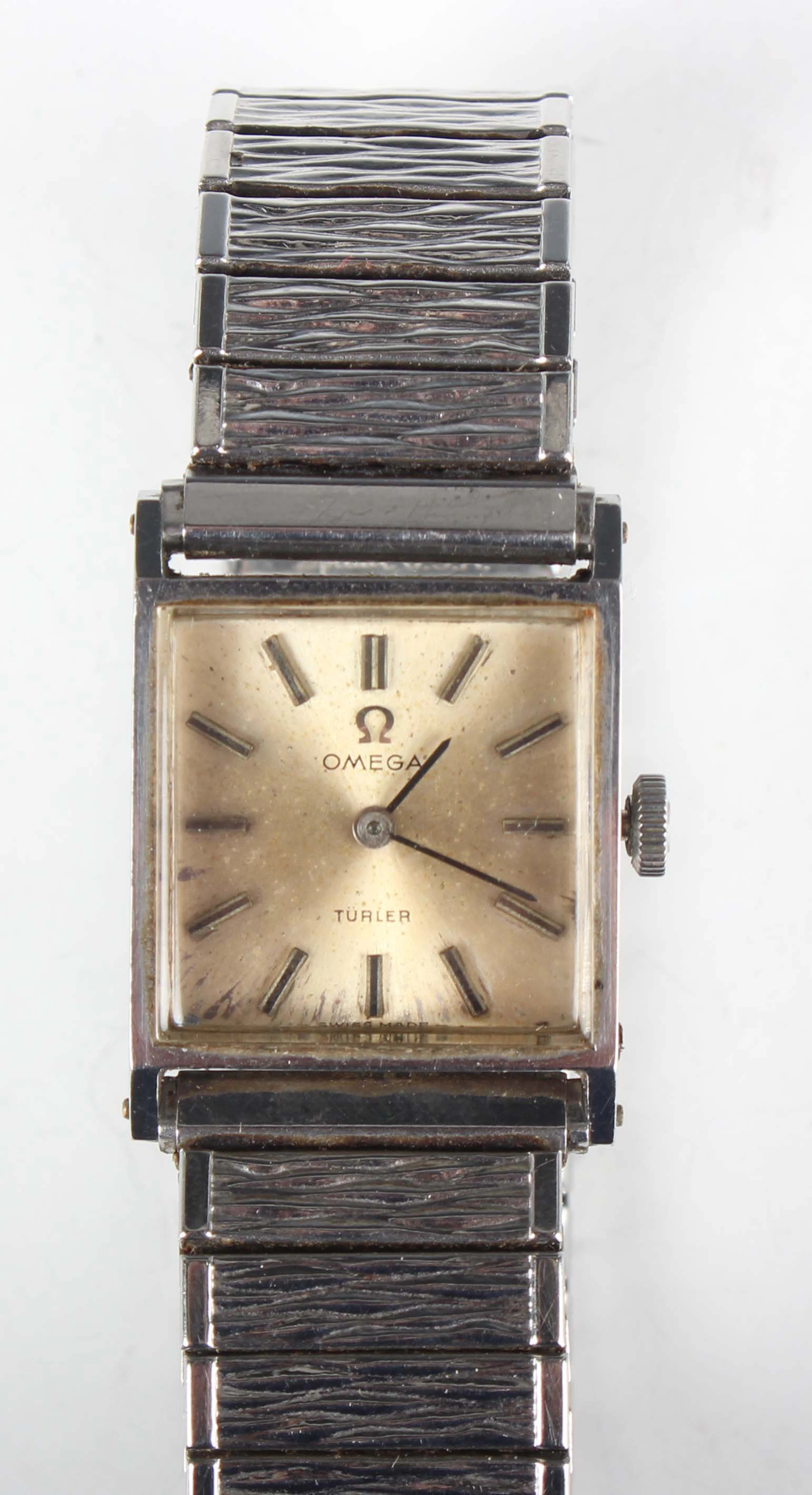 An Omega Turler stainless steel rectangular tank style cased lady's