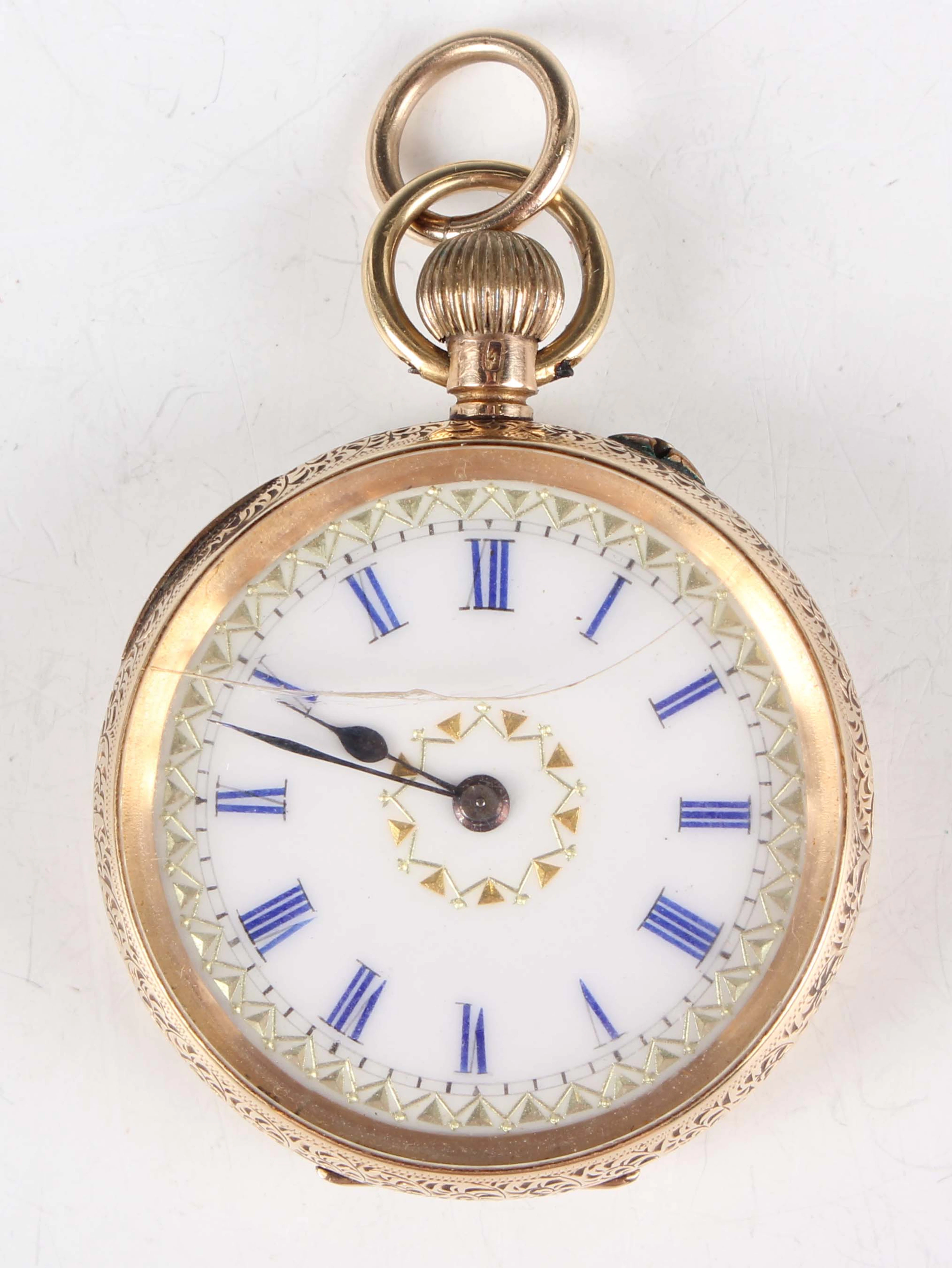 A 14K gold cased keyless wind open-faced lady's fob watch with unsigned