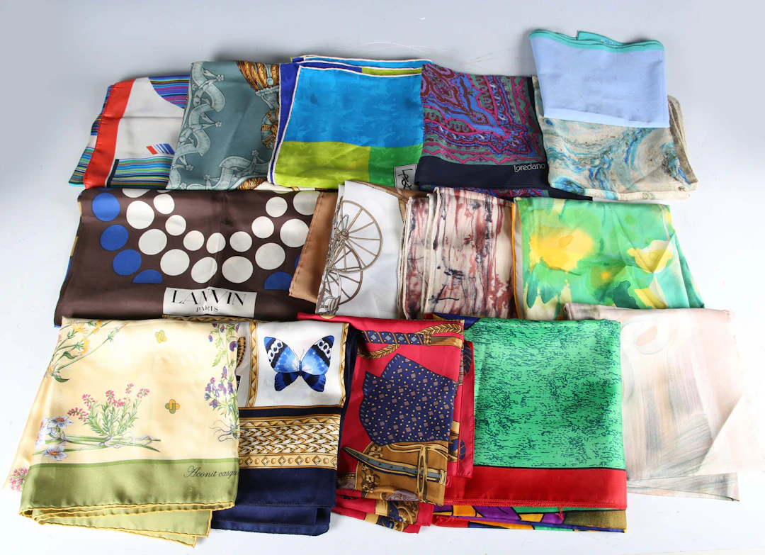 A group of fifteen designer scarfs, including examples by Hermès