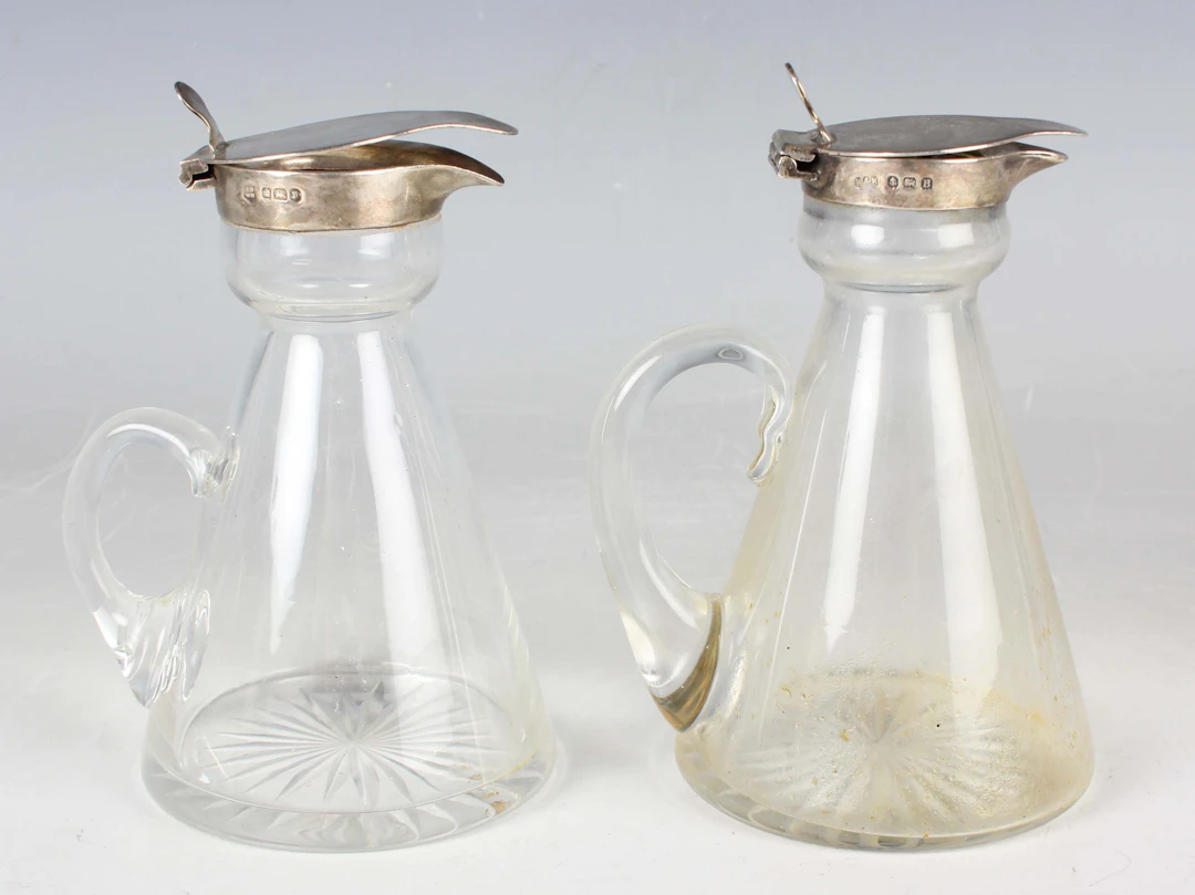 A George V silver mounted conical cut glass whisky tot, Birmingham