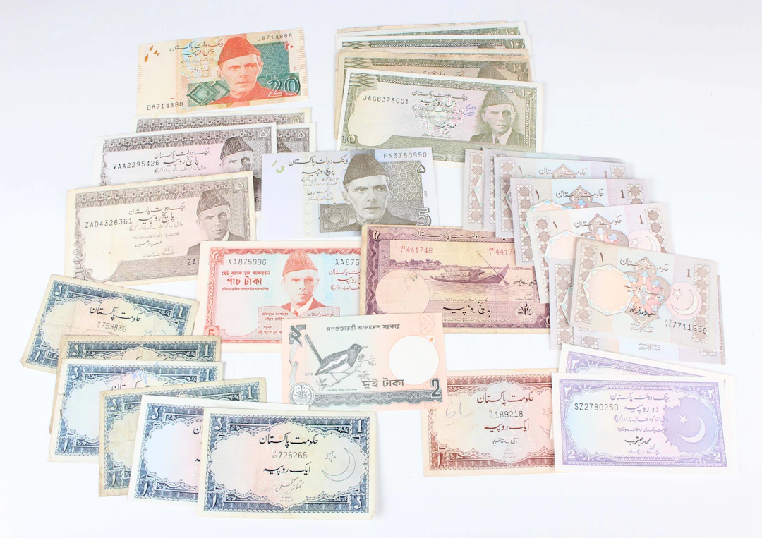 A collection of Indian and Pakistani banknotes, including a group