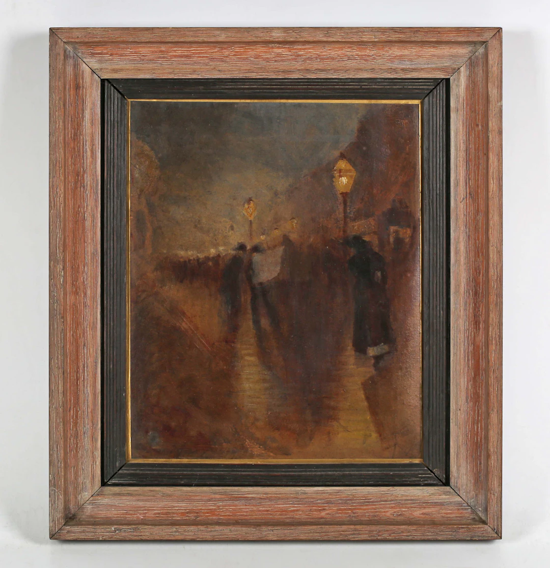 J. Sydall (early 20th century) - ‘London 1916’: gaslit street scene
