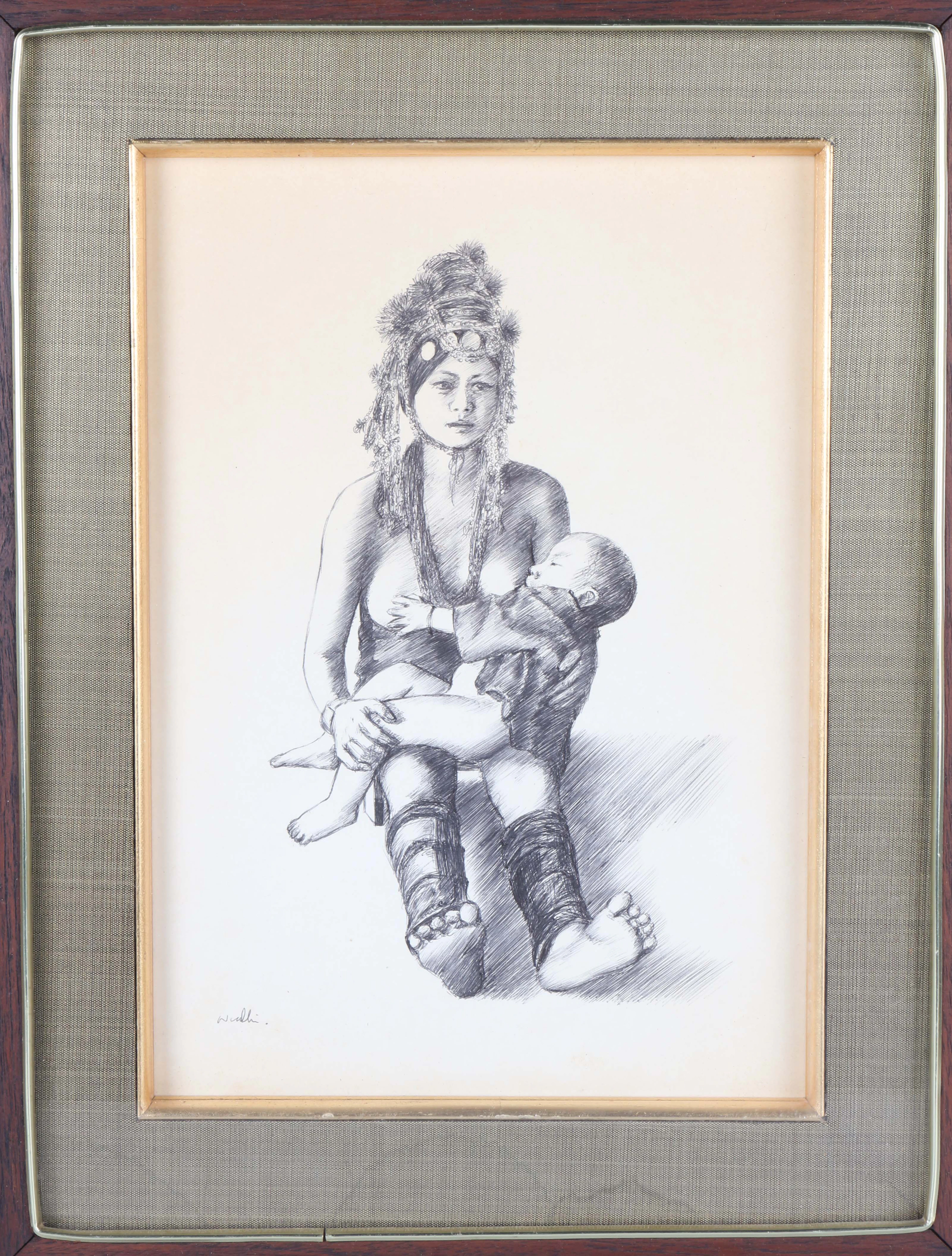 A South-east Asian monochrome drawing, 20th century, probably Balinese