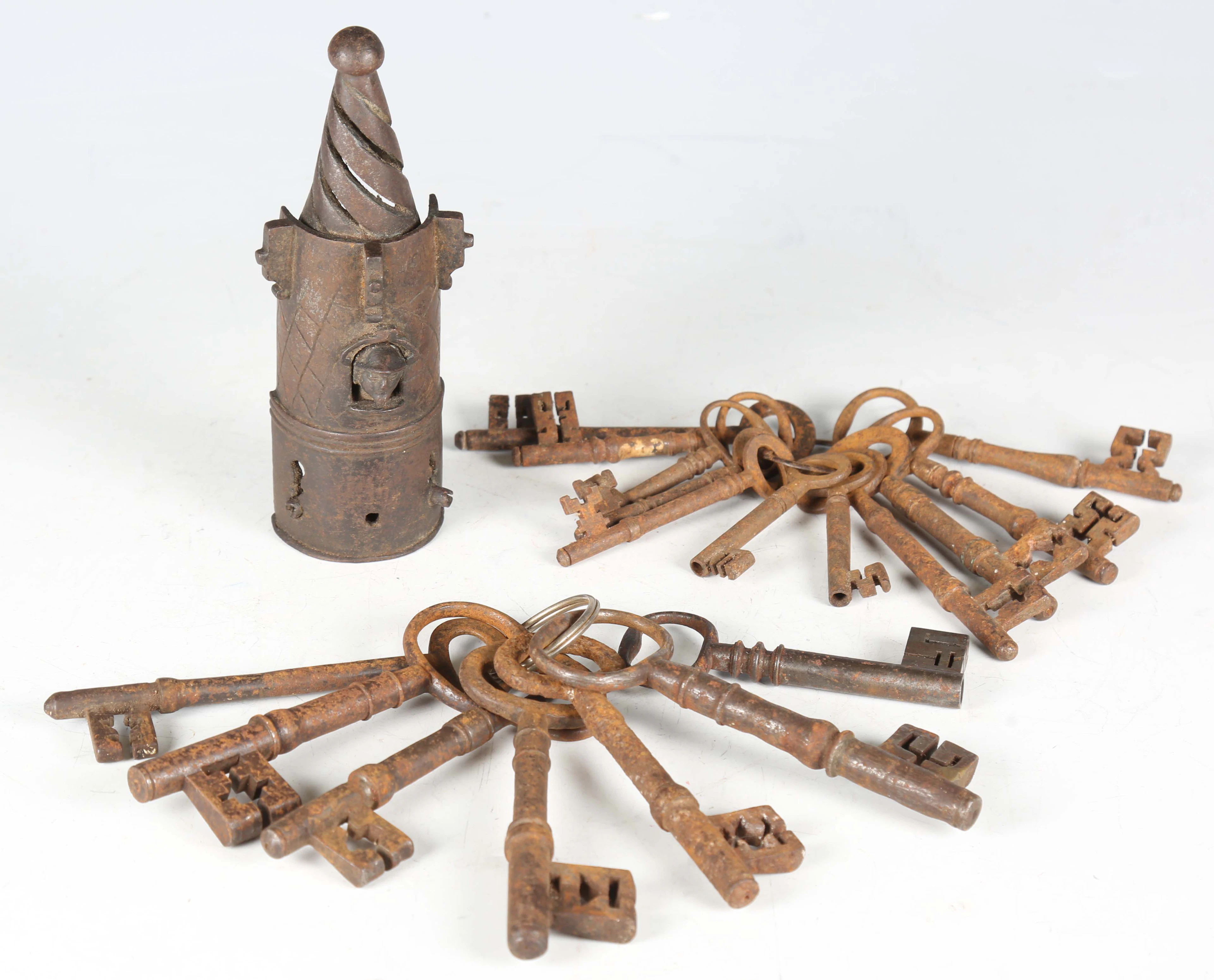 An interesting 17th century wrought iron lock in the form of a turret