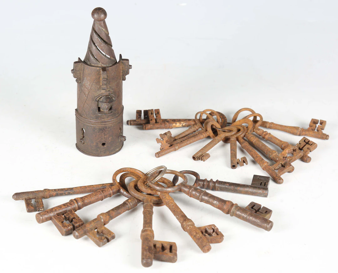 An interesting 17th century wrought iron lock in the form of a turret