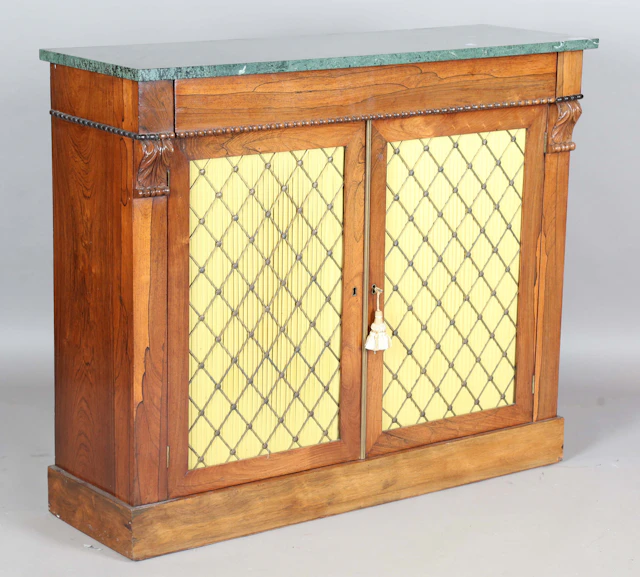 A Regency rosewood side cabinet, the later green marble top above