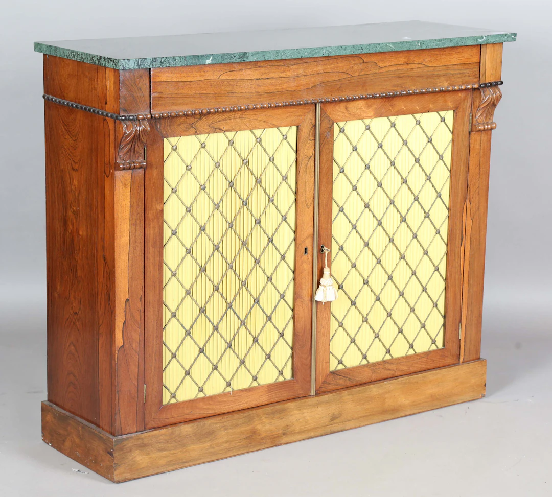 A Regency rosewood side cabinet, the later green marble top above