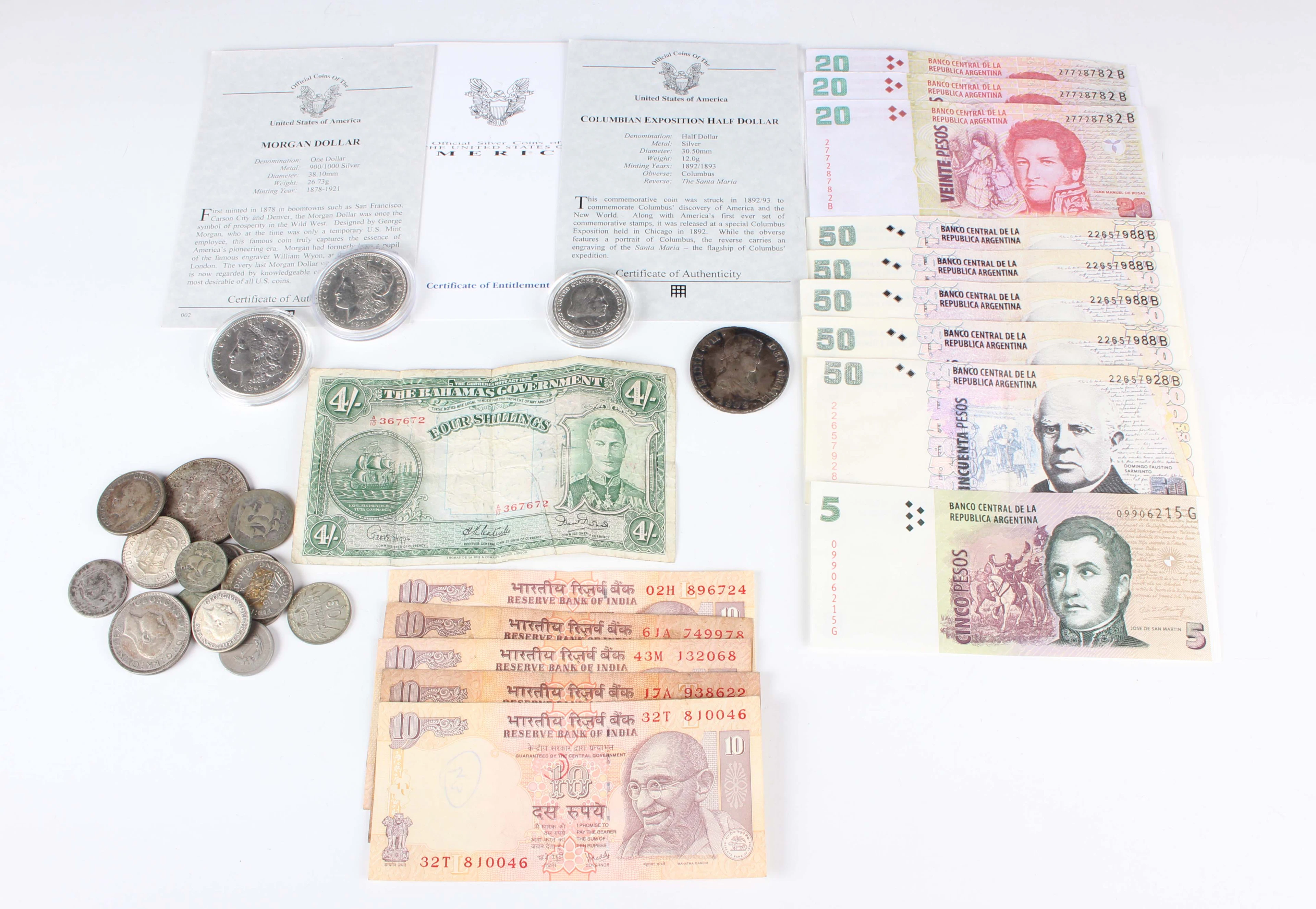 A small collection of antique and later coins and banknotes, including