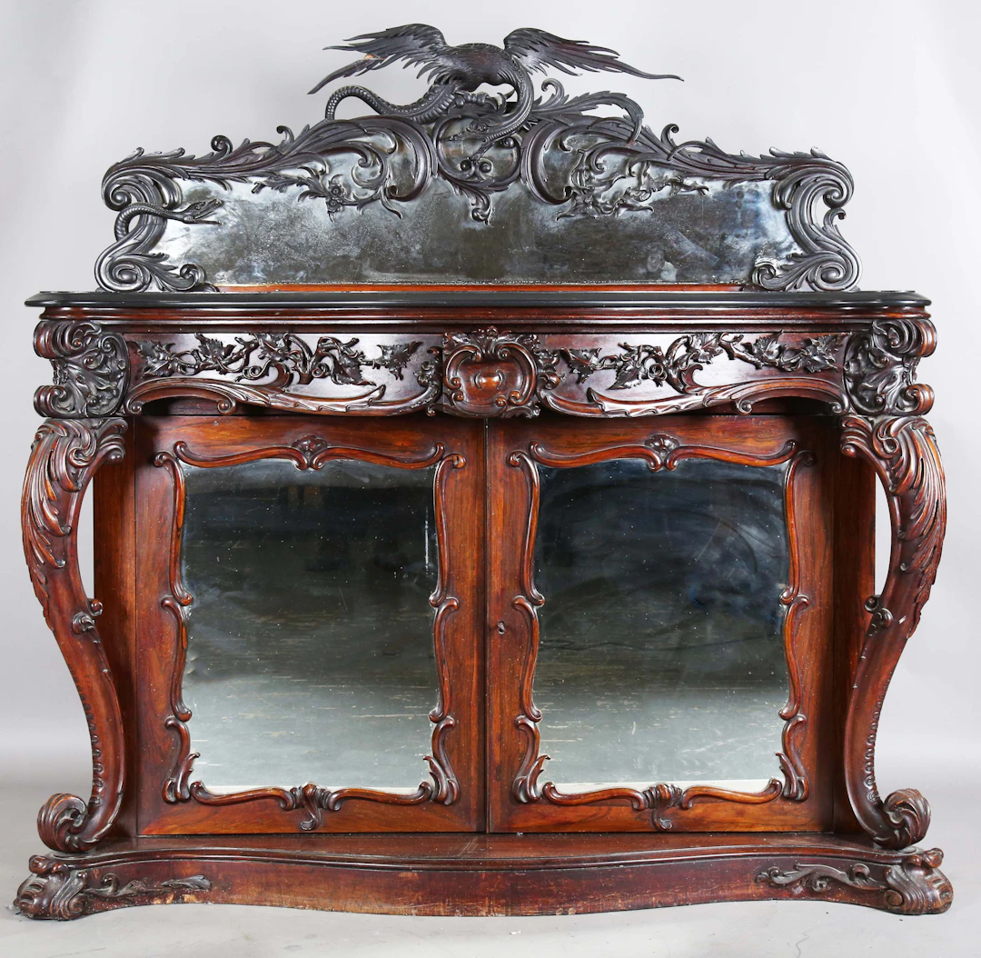 An impressive early Victorian rosewood marble-topped side cabinet