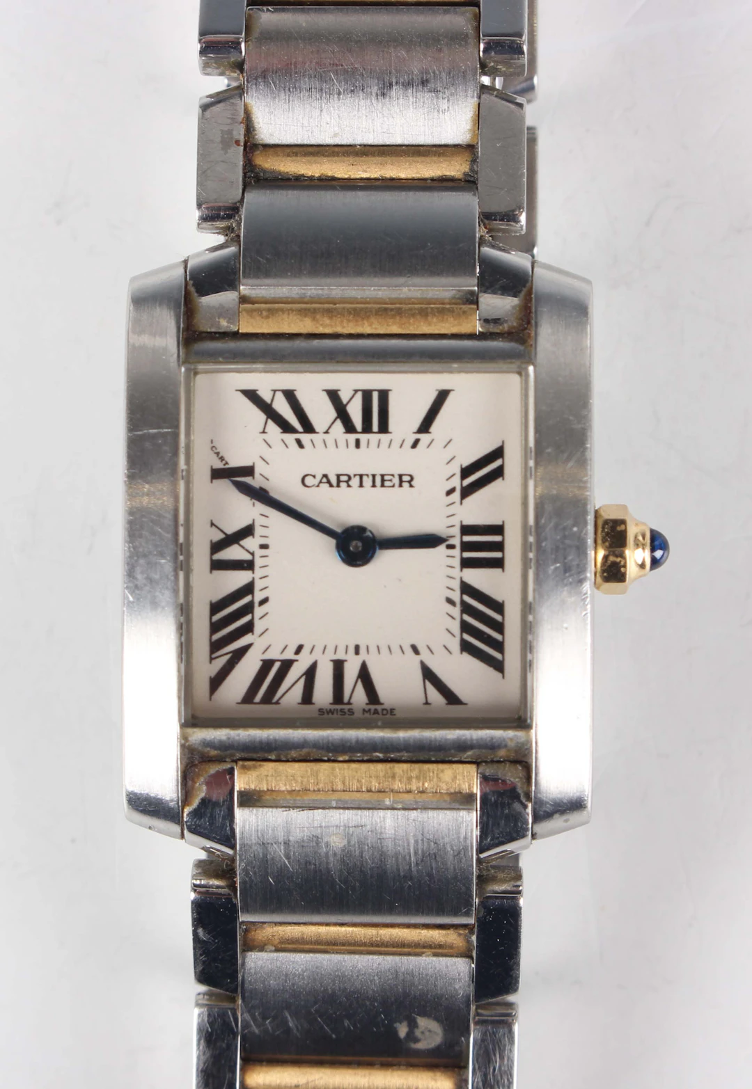 A Cartier Tank Française stainless steel and gold lady's bracelet