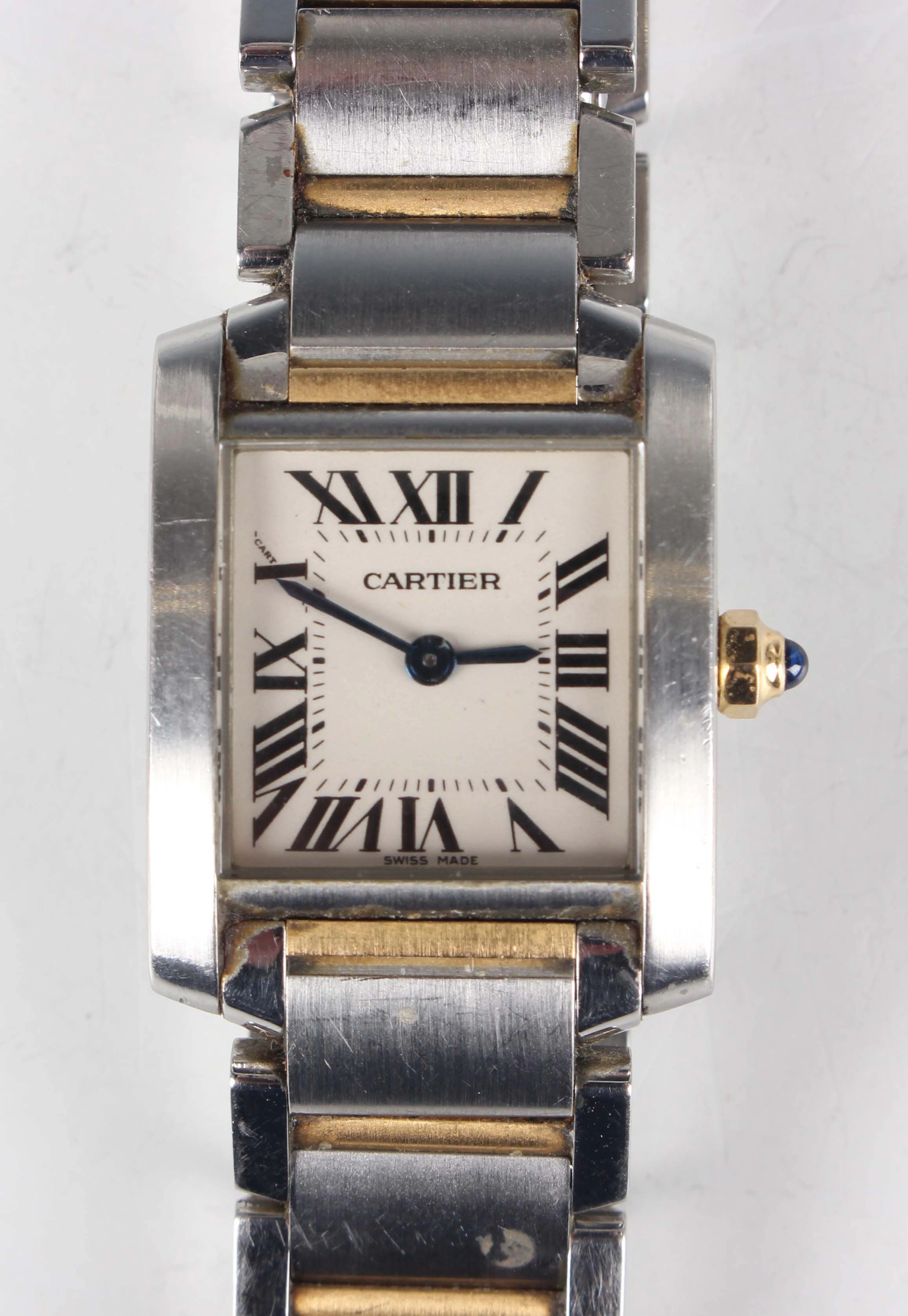 A Cartier Tank Française stainless steel and gold lady's bracelet