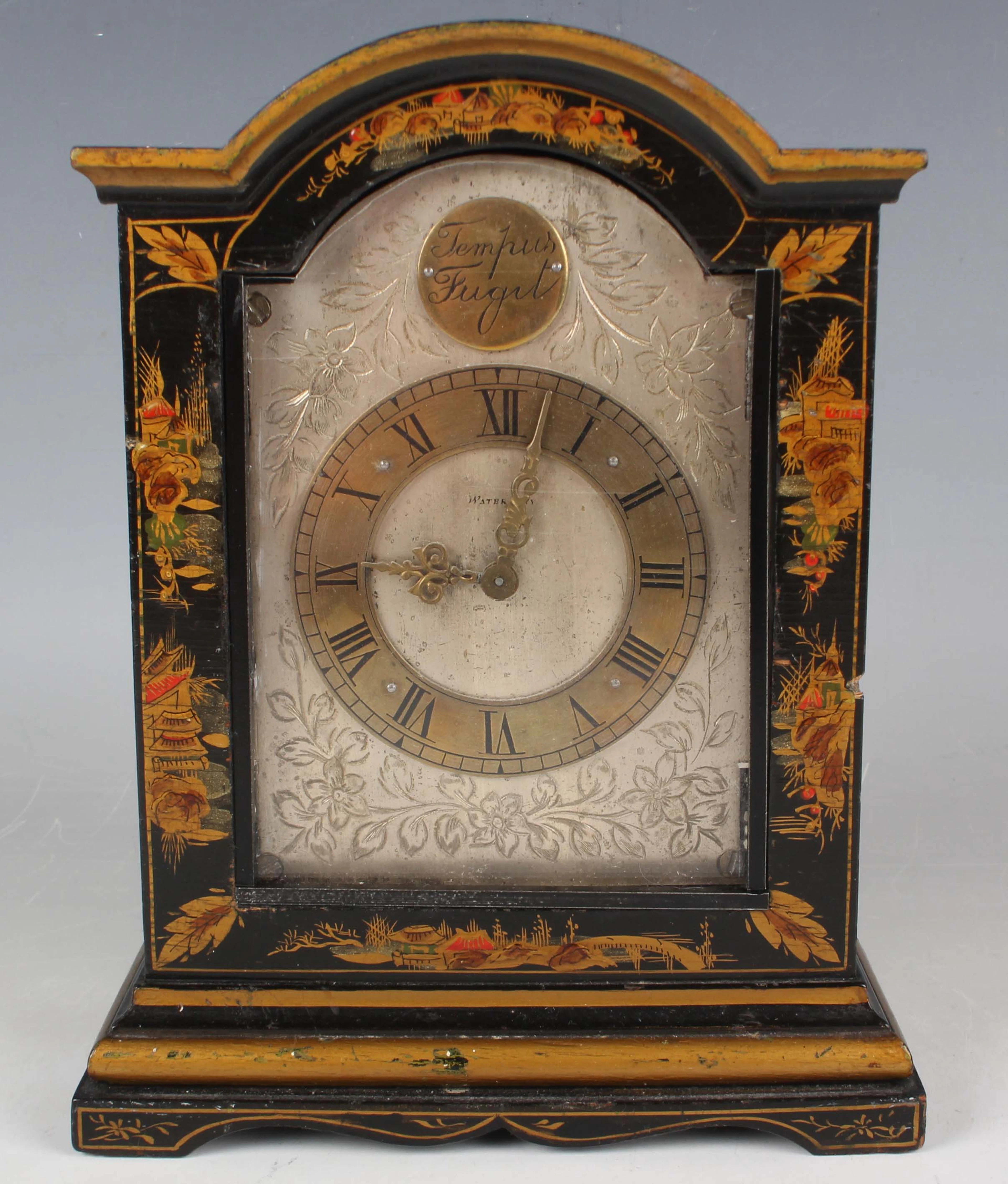 A George V chinoiserie cased mantel timepiece, the silvered dial with