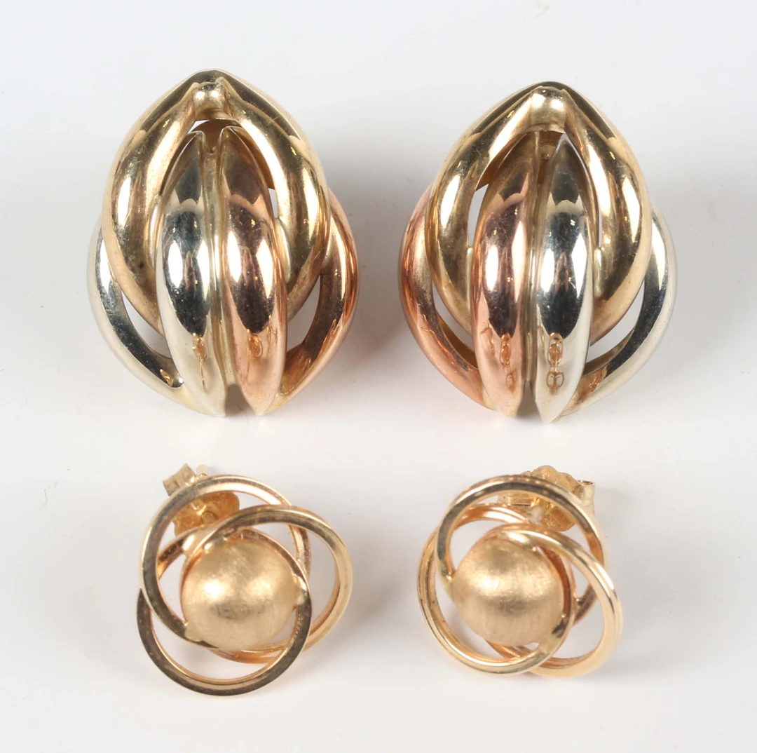 A pair of 9ct three colour gold knot style earrings with post and