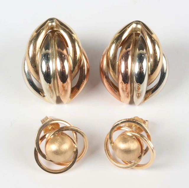 A pair of 9ct three colour gold knot style earrings with post and