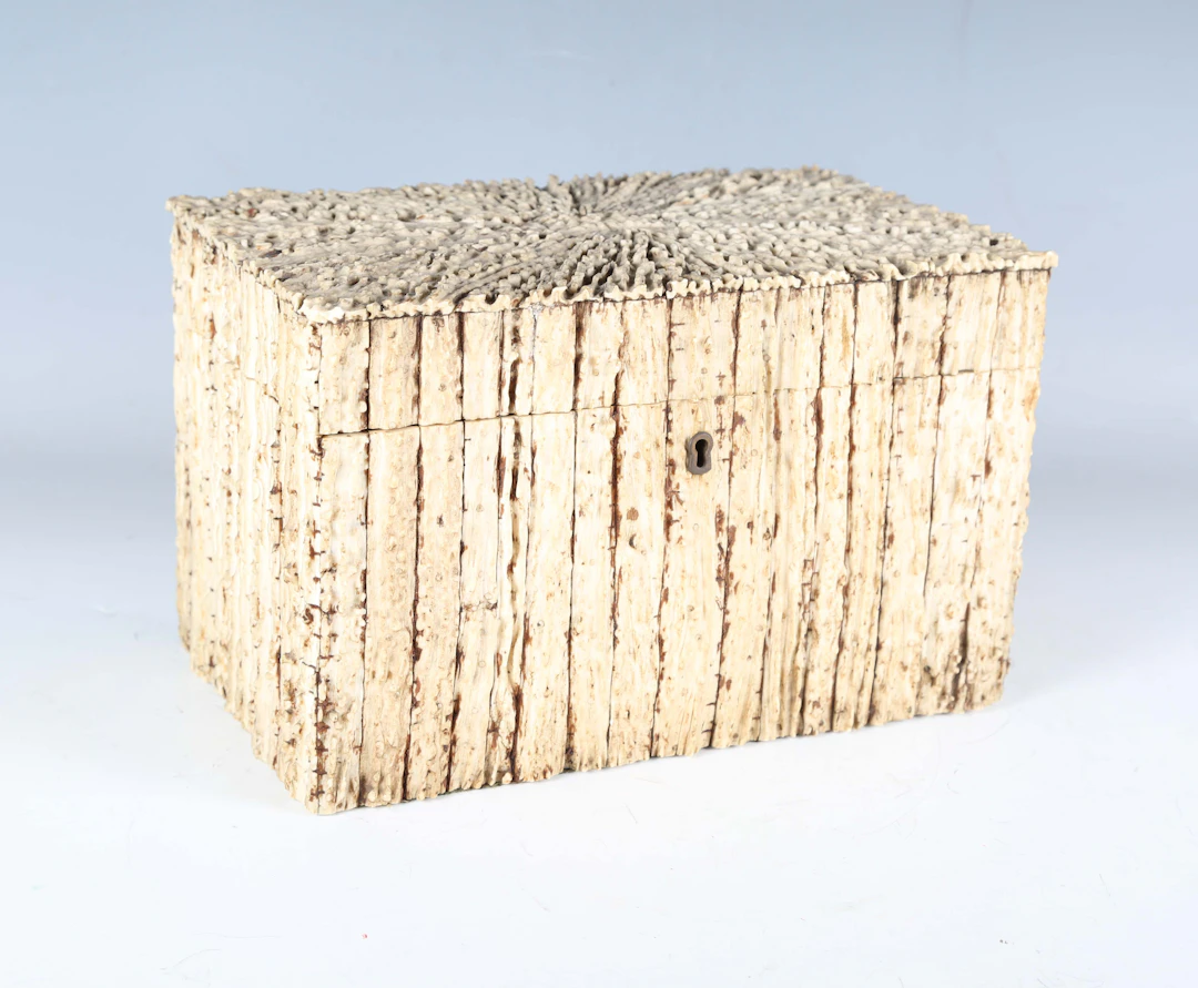 A Victorian stag antler veneered stationery box, the cedar-lined interior