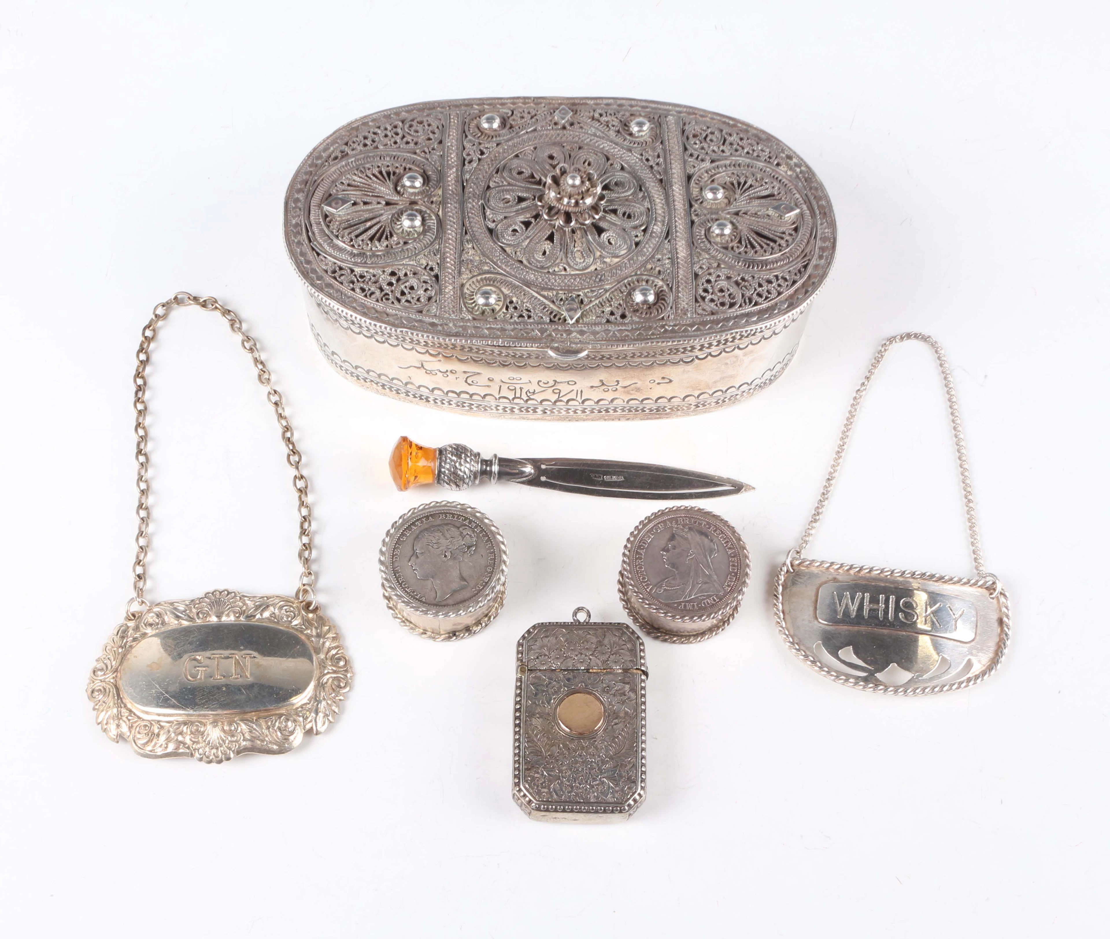 A late 19th century Turkish Ottoman silver oval box, the filigree
