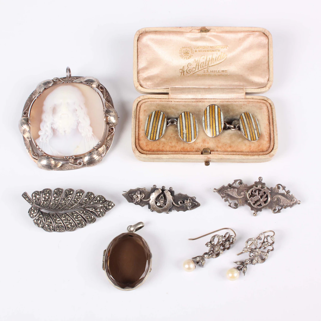 A pair of white metal, colourless paste and cultured pearl pendant
