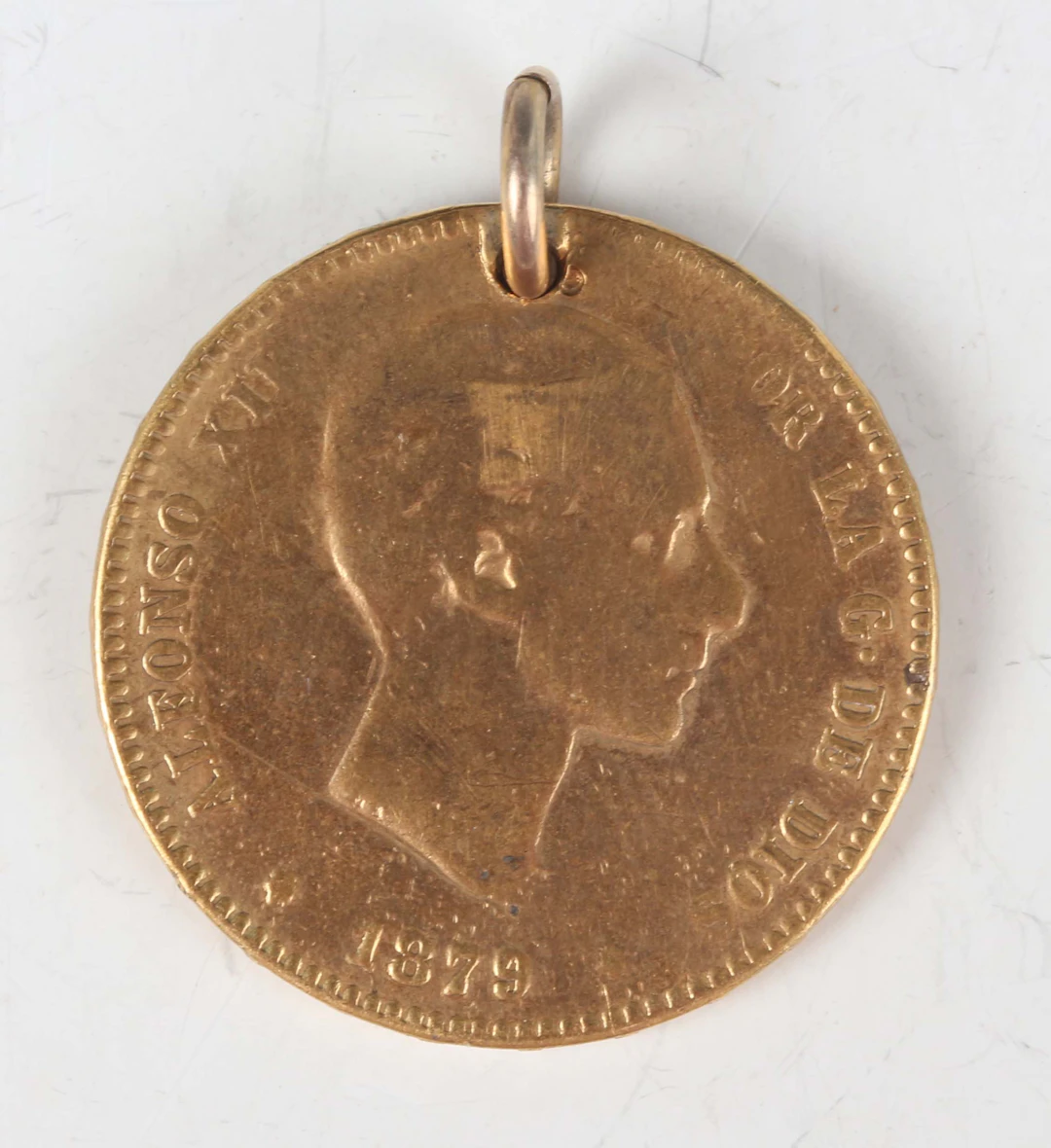 A Spain Alfonso XII gold twenty-five pesetas 1879, pierced with a