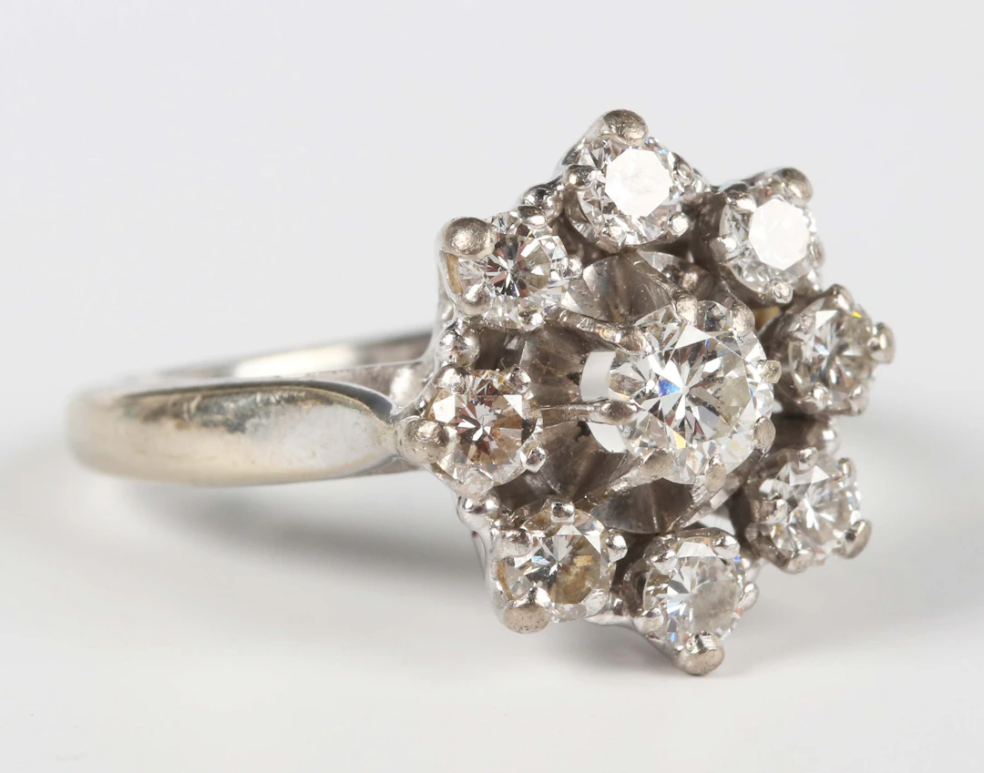 A white gold and diamond cluster ring, claw set with the principal