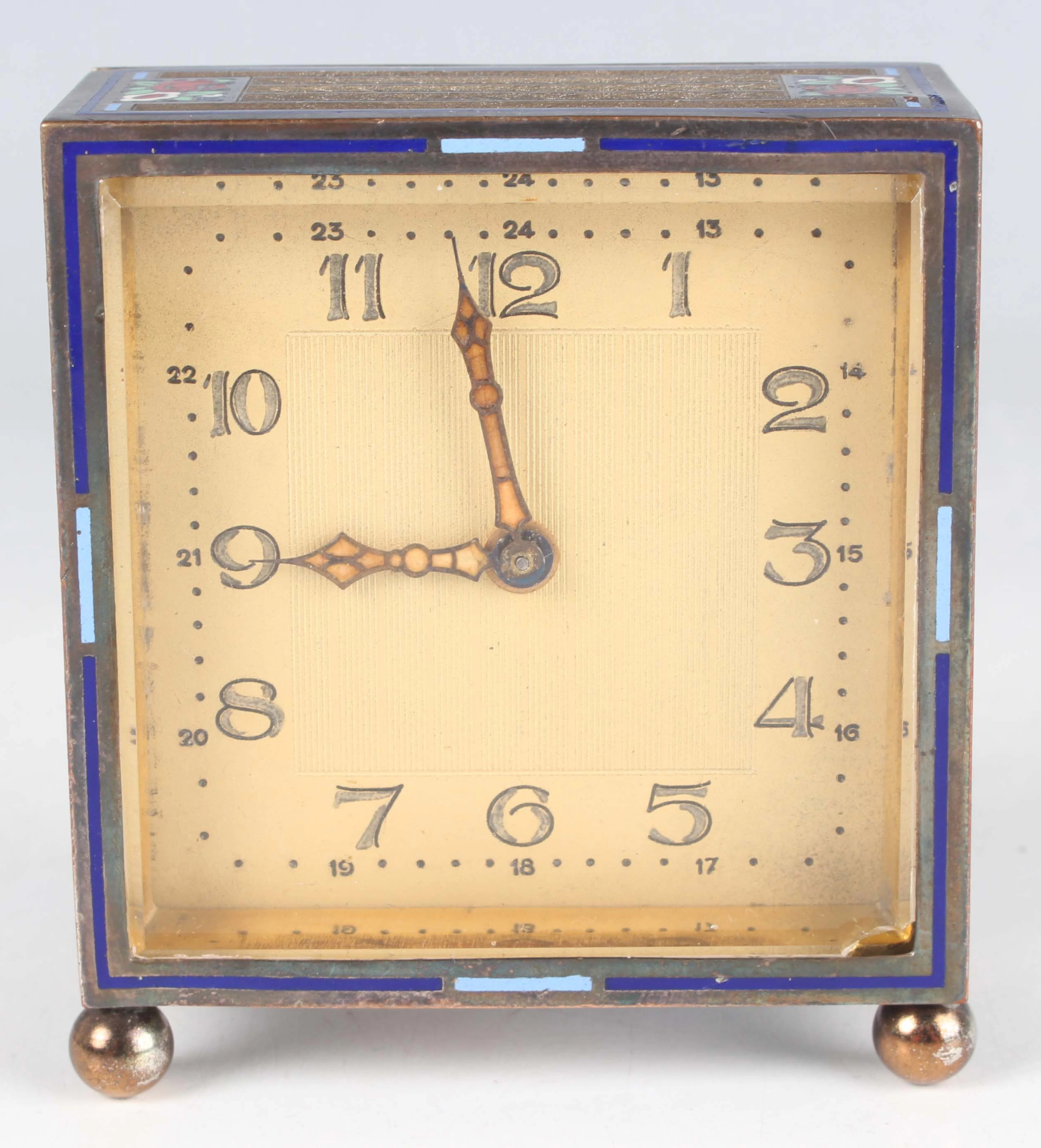 A French Art Deco silvered and champlevé enamel square cased bedside