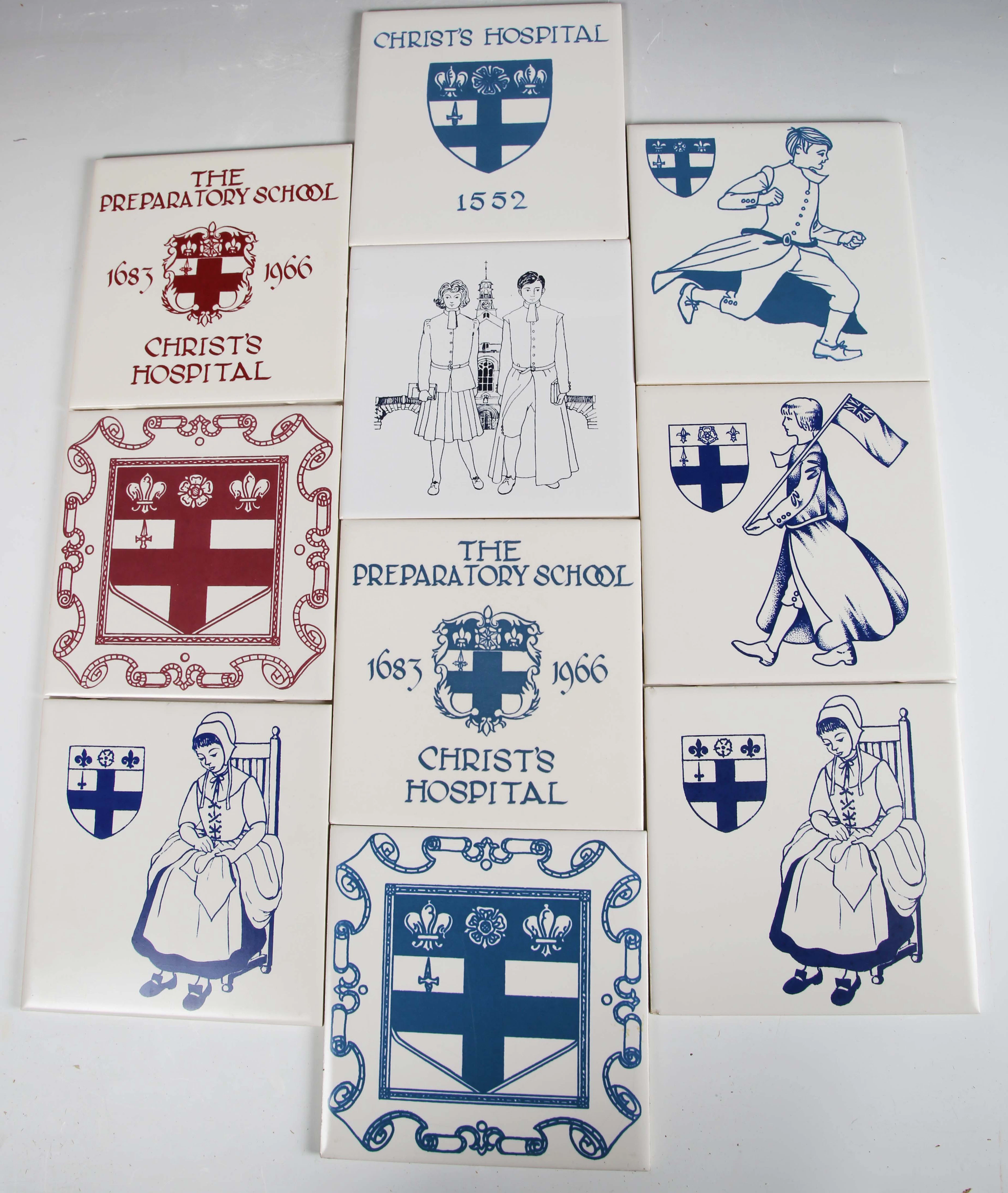 Ten Pilkington’s tiles relating to Christ’s Hospital, Horsham, eight