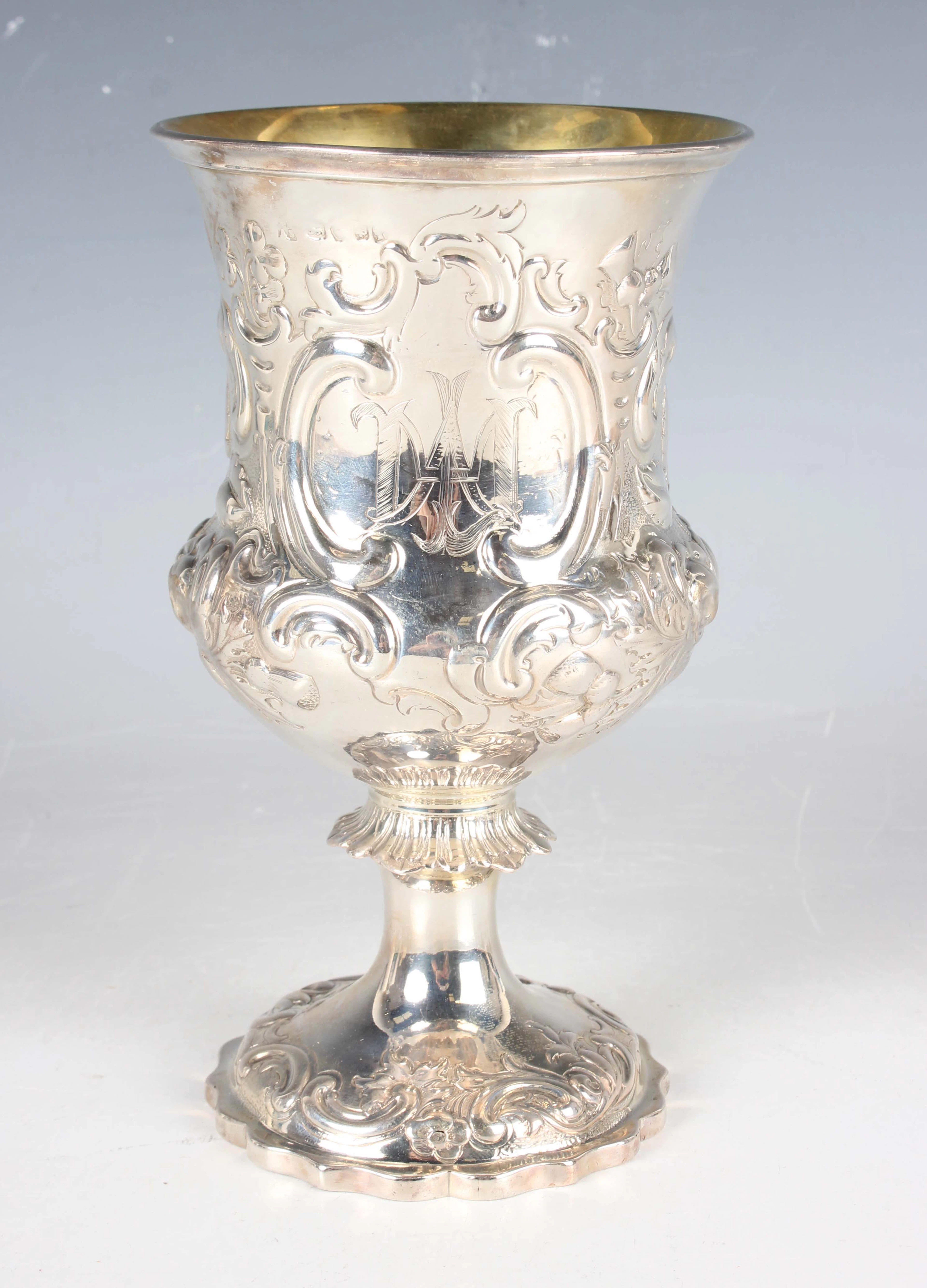 An early Victorian silver goblet, the urn shaped bowl monogram engraved