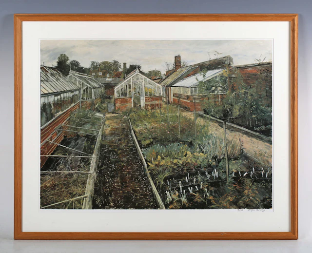 Olwyn Bowey (British b. 1936) - Glasshouses, colour photolithograph