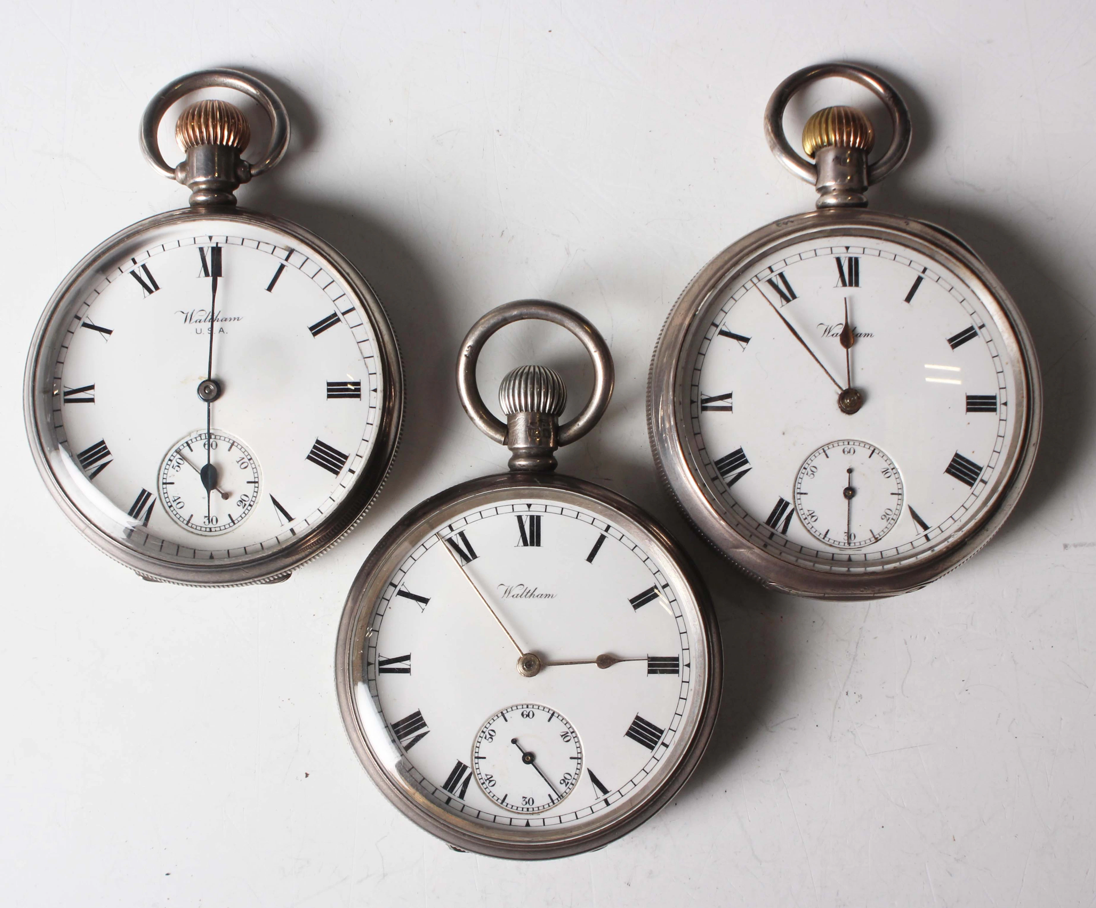 A group of three Waltham silver cased keyless wind open-faced gentlemen's