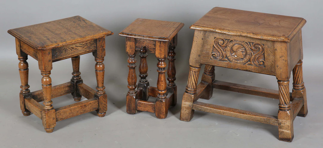 A mid-20th century Carolean Revival oak box seat joint stool, height