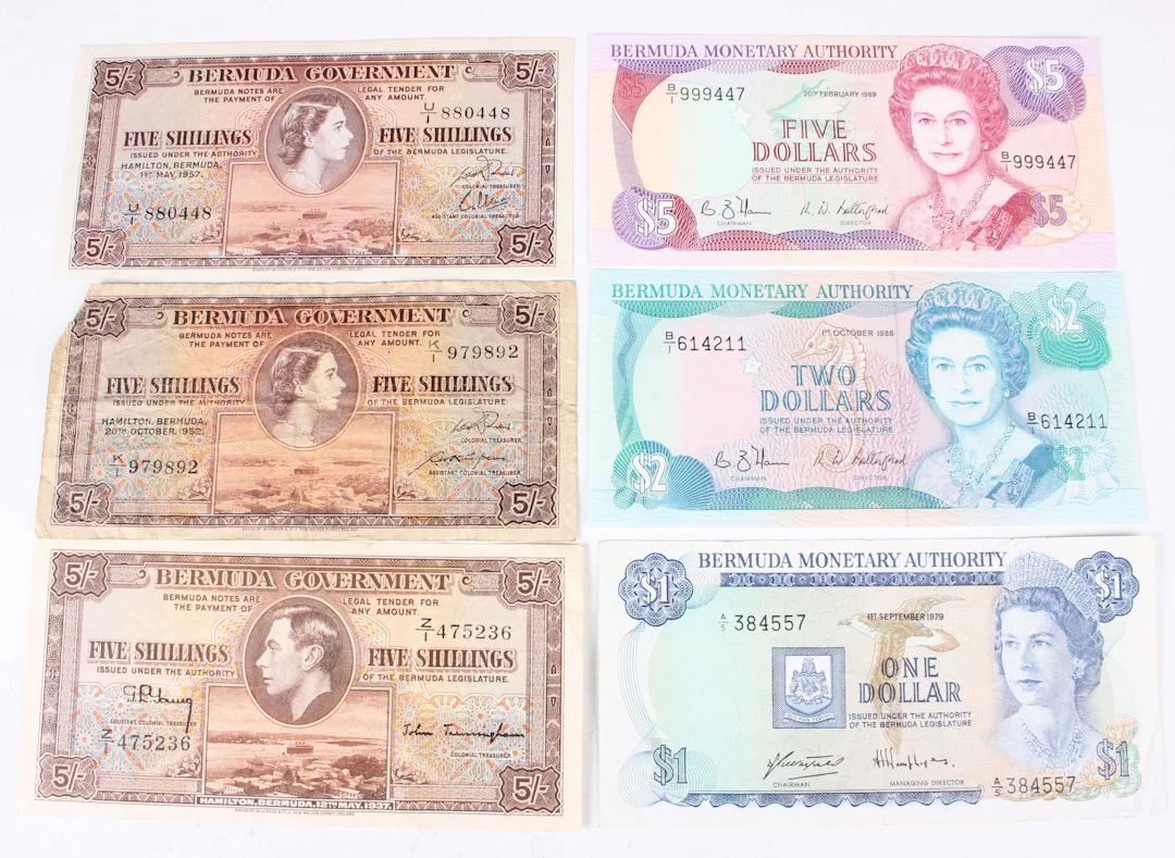 A small group of British Territories banknotes, including a Bermuda