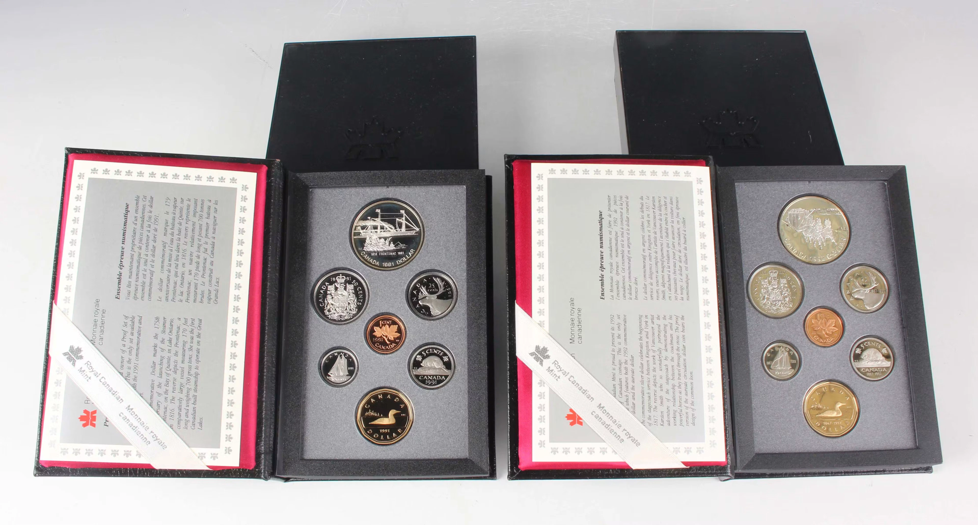 Two Canada Elizabeth II proof seven-coin sets, 1991 and 1992, both