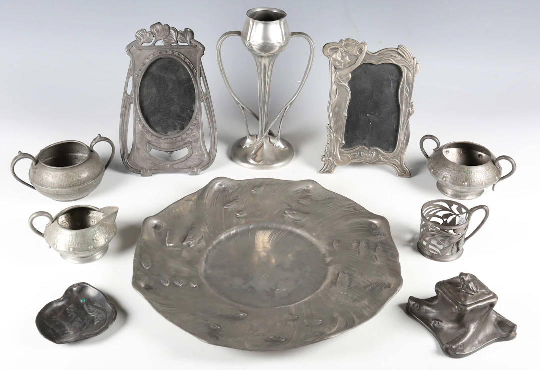 A Liberty Heritage pewter vase, height 24.5cm, a large pewter platter
