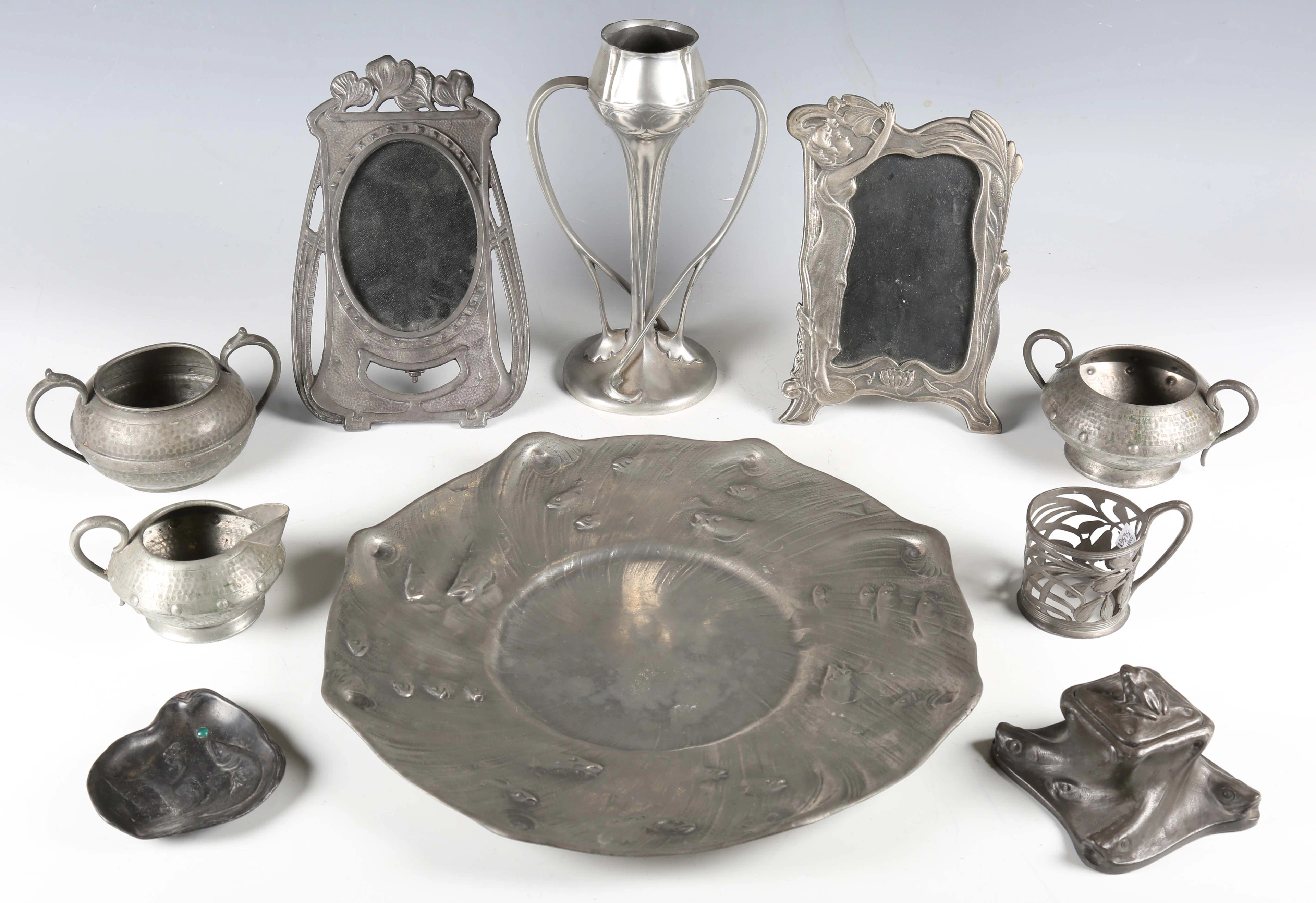 A Liberty Heritage pewter vase, height 24.5cm, a large pewter platter