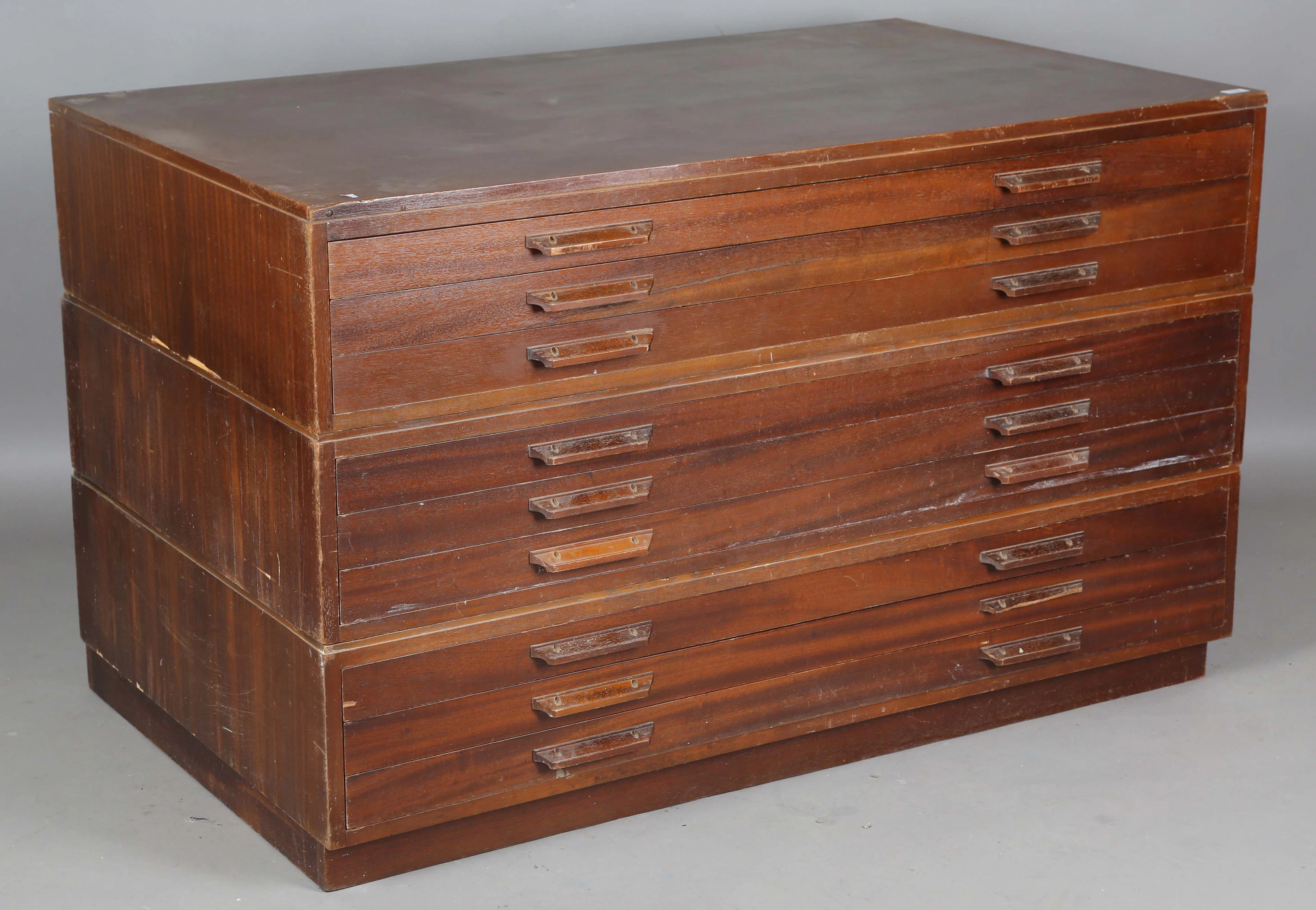 A mid-20th century walnut planner's or folio chest of nine drawers