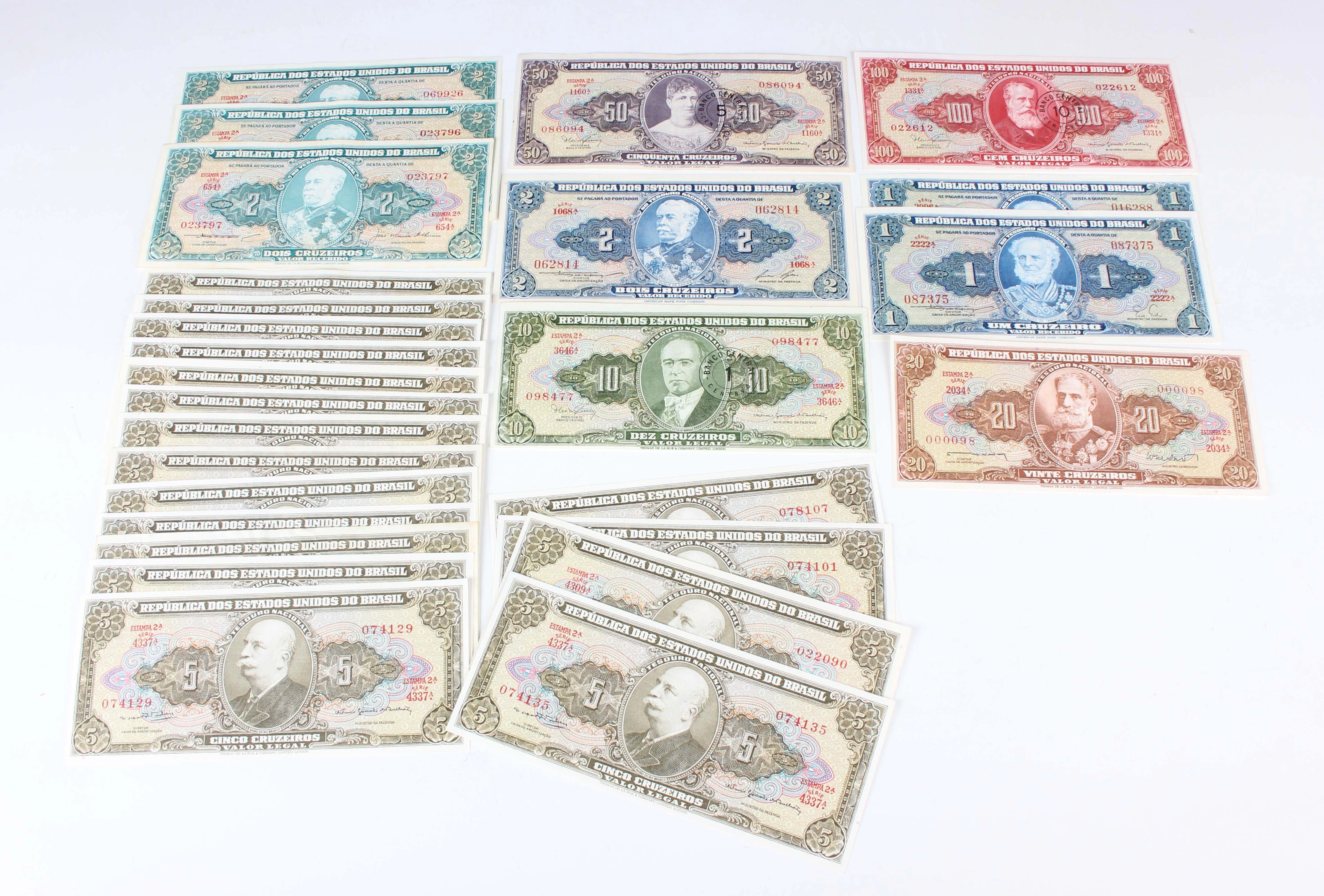 A large collection of Brazilian banknotes, including a collection