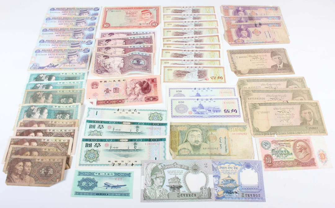 A collection of European and world banknotes, including China, Nepal