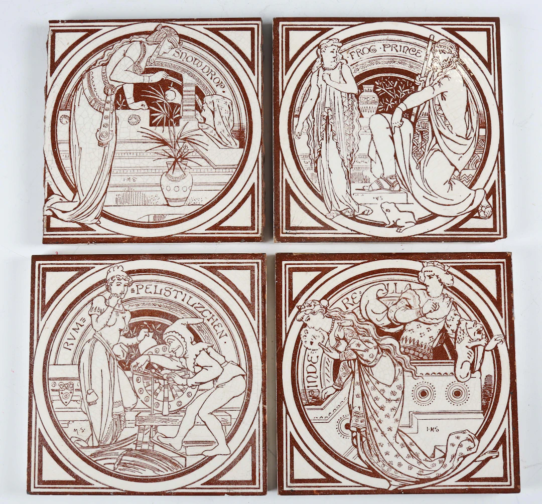 Four Mintons ceramic tiles from the Fairy Tales series, circa 1880