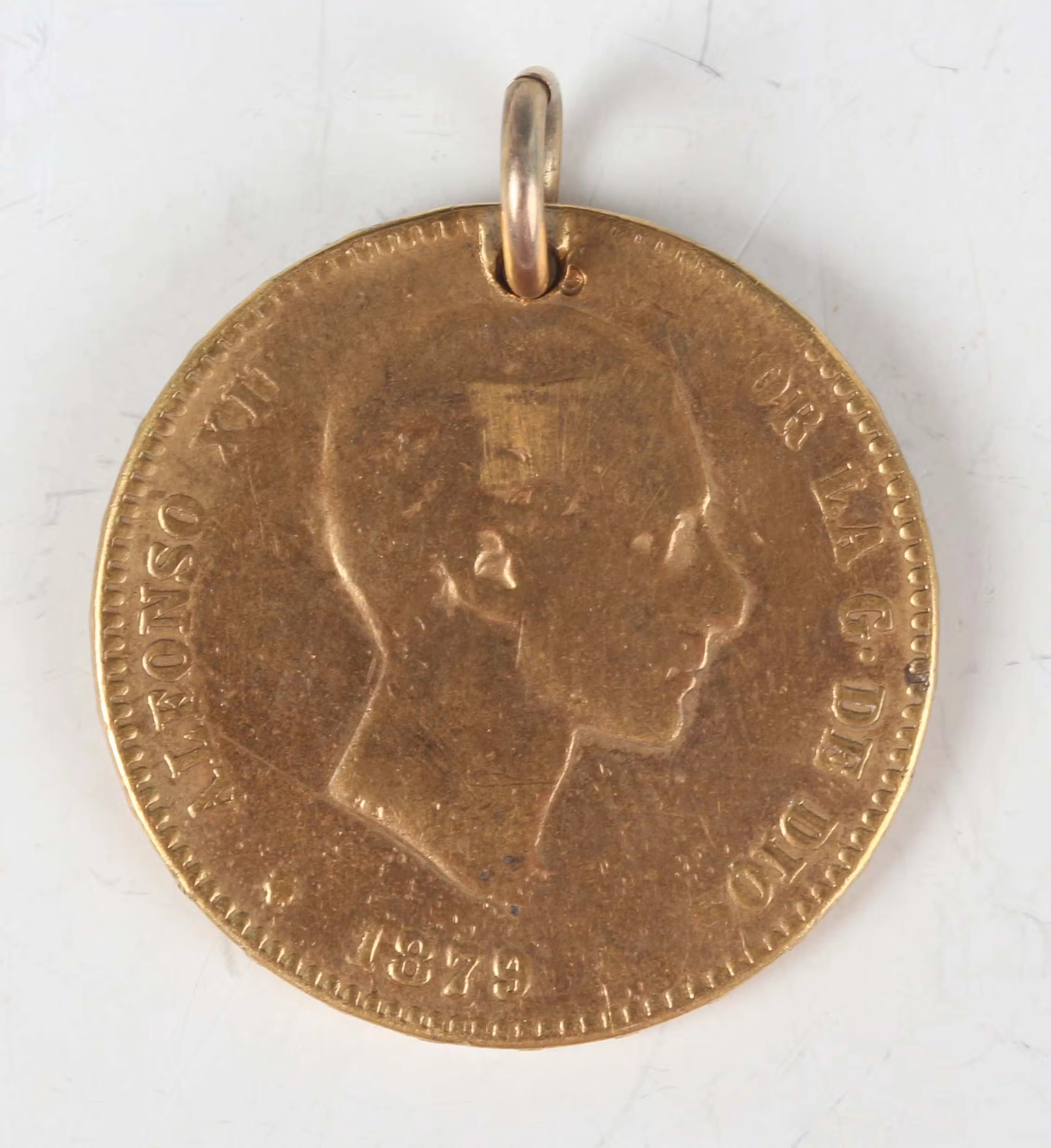 A Spain Alfonso XII gold twenty-five pesetas 1879, pierced with a