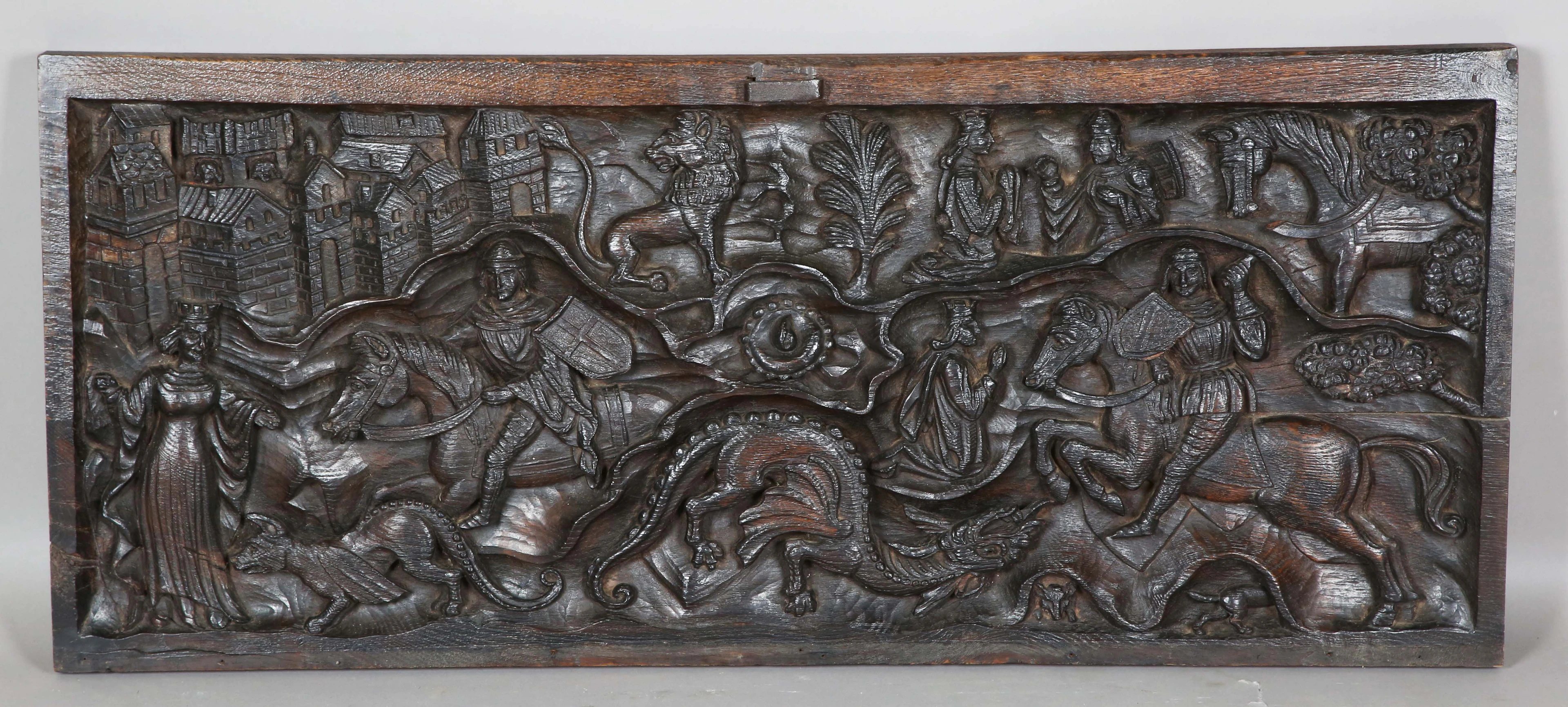 A 16th/17th century carved oak rectangular panel, well-worked in high